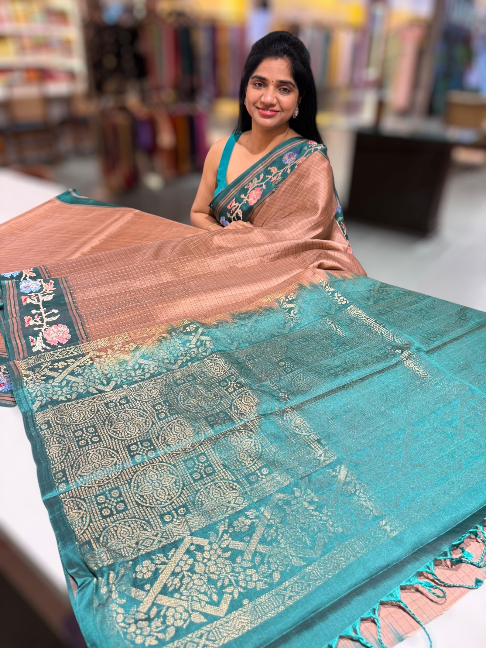 Terracota & Teal Vintage Kanchi soft silk saree with embroidery