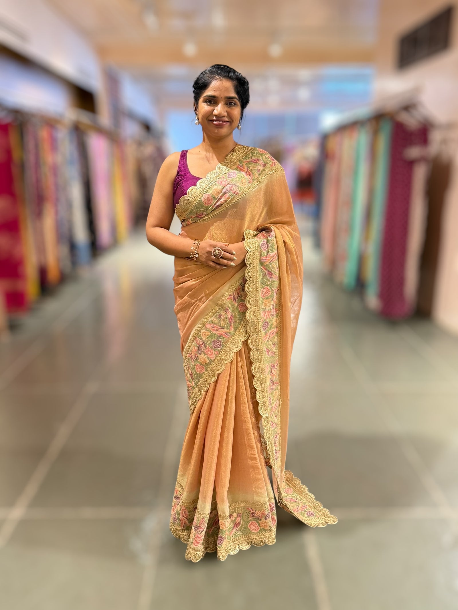 Peach Tissue Gorgette Saree With Petite Point Embroidered Border