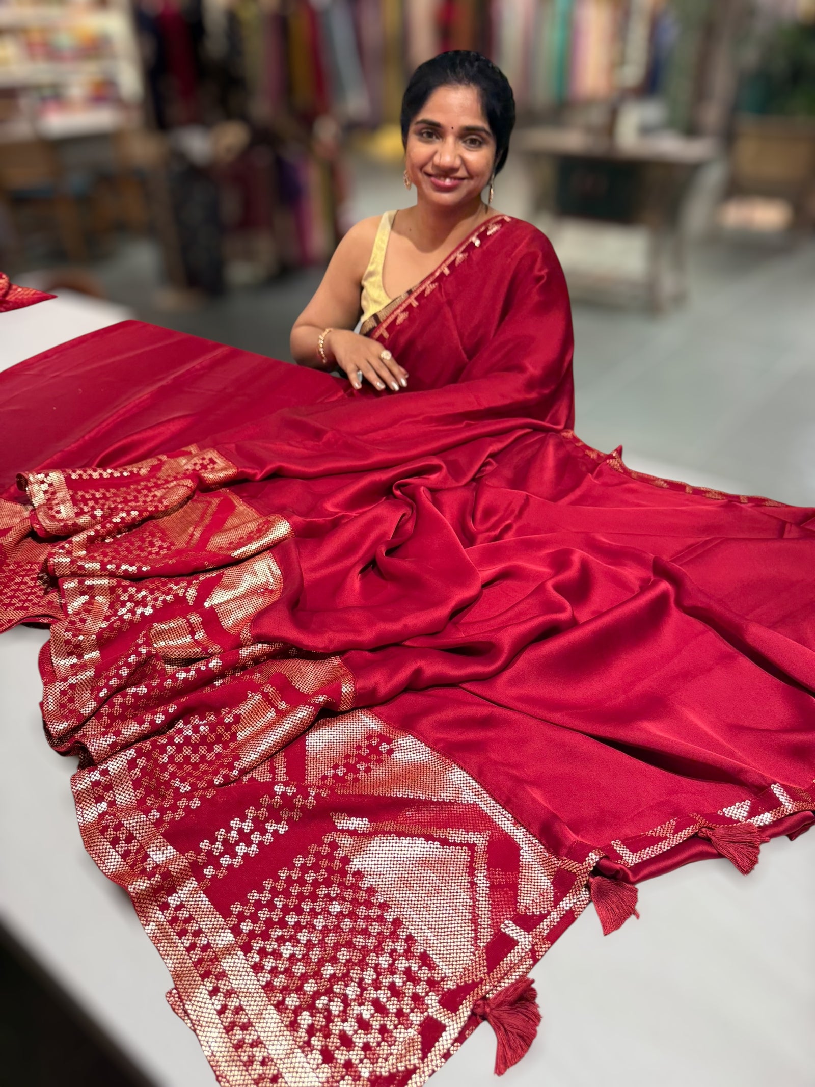 Red pure Satin Saree with designer sequence border and blouse