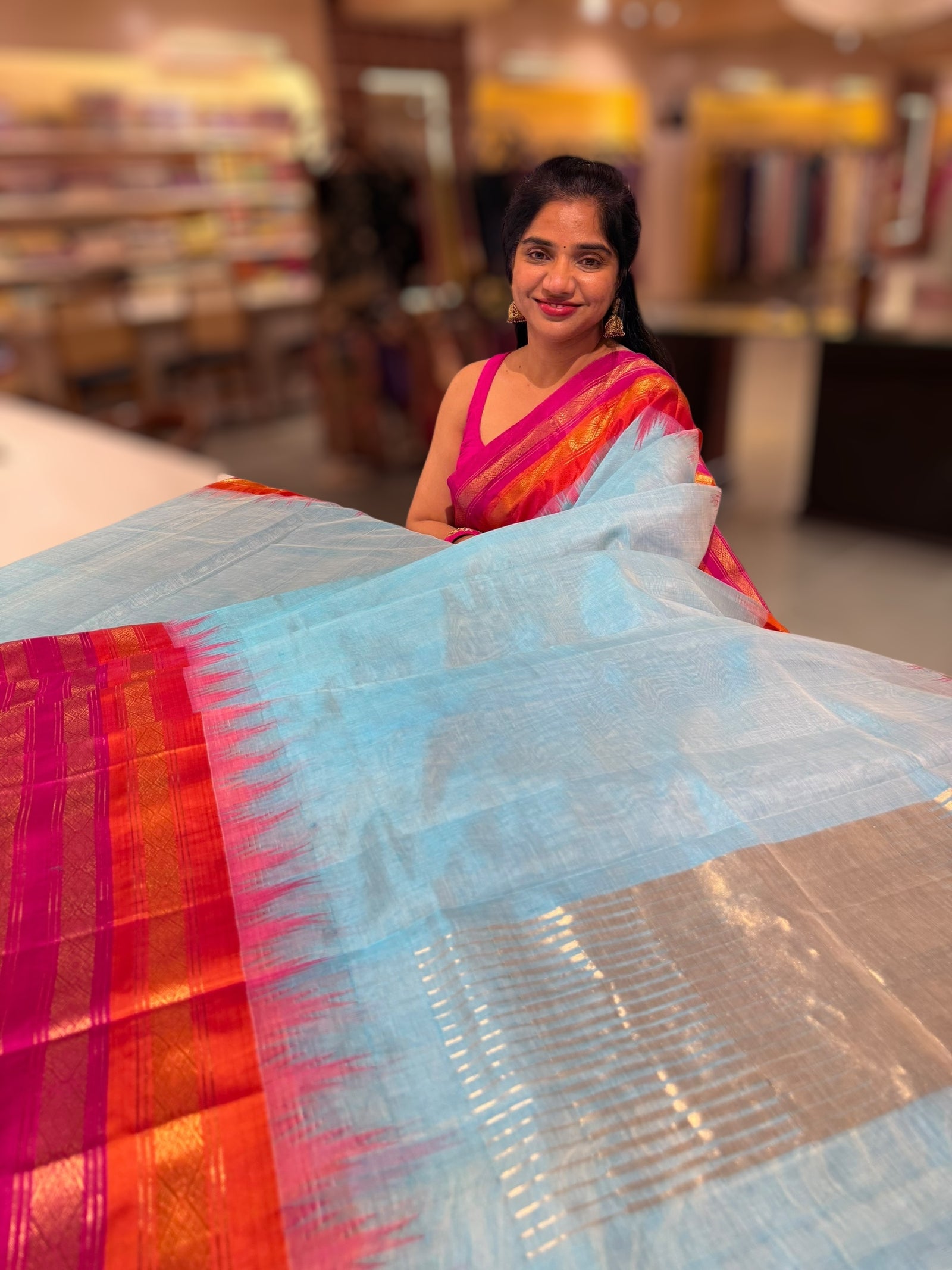 Pastel Blue Ponduru Khadi Tissue  Saree in 80’s Count with Kanchi Style borders