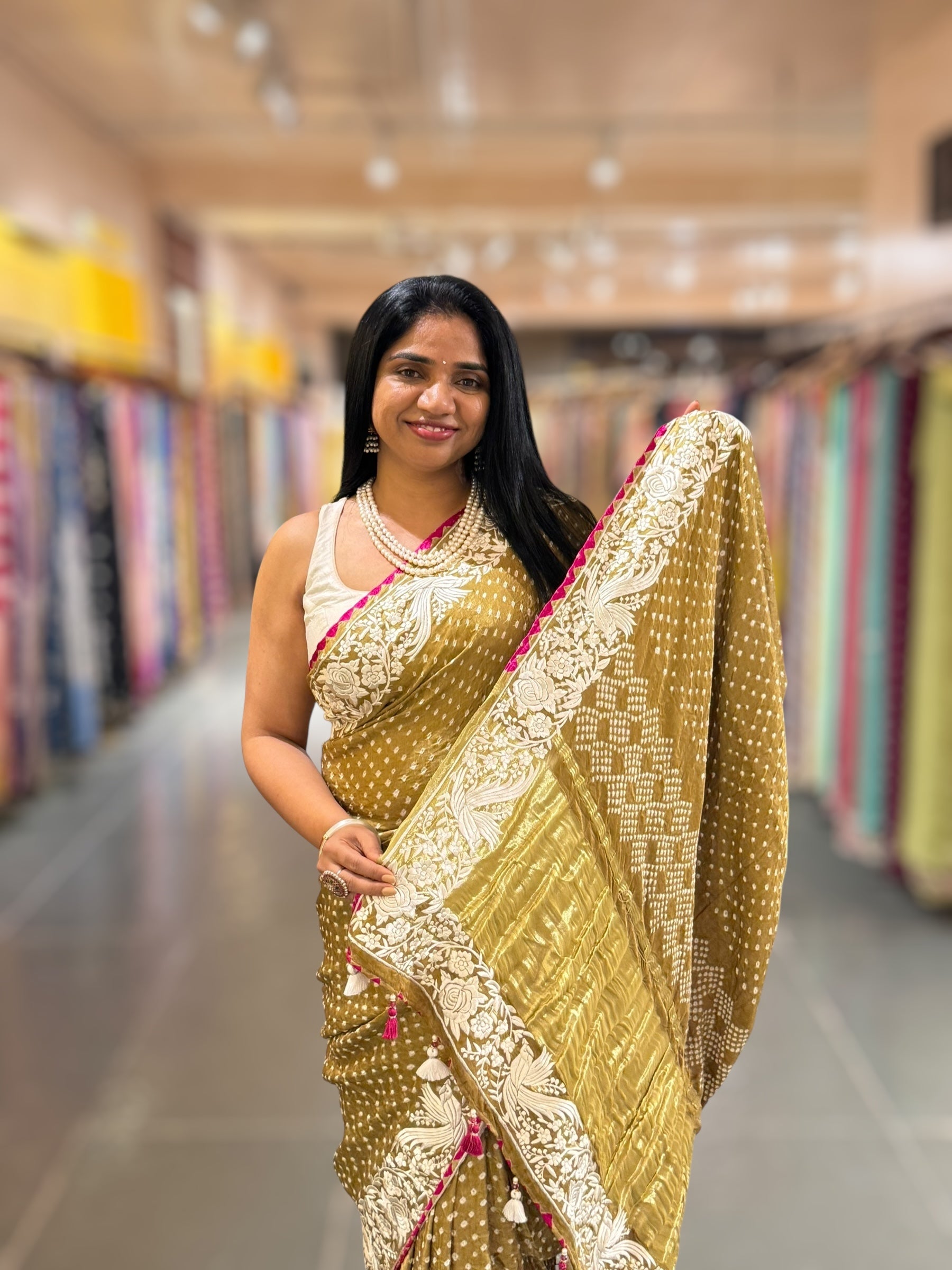 Mehendi Green Pure Gajji Silk Bandhej Saree With Parsi Gara Embroidered Border.
