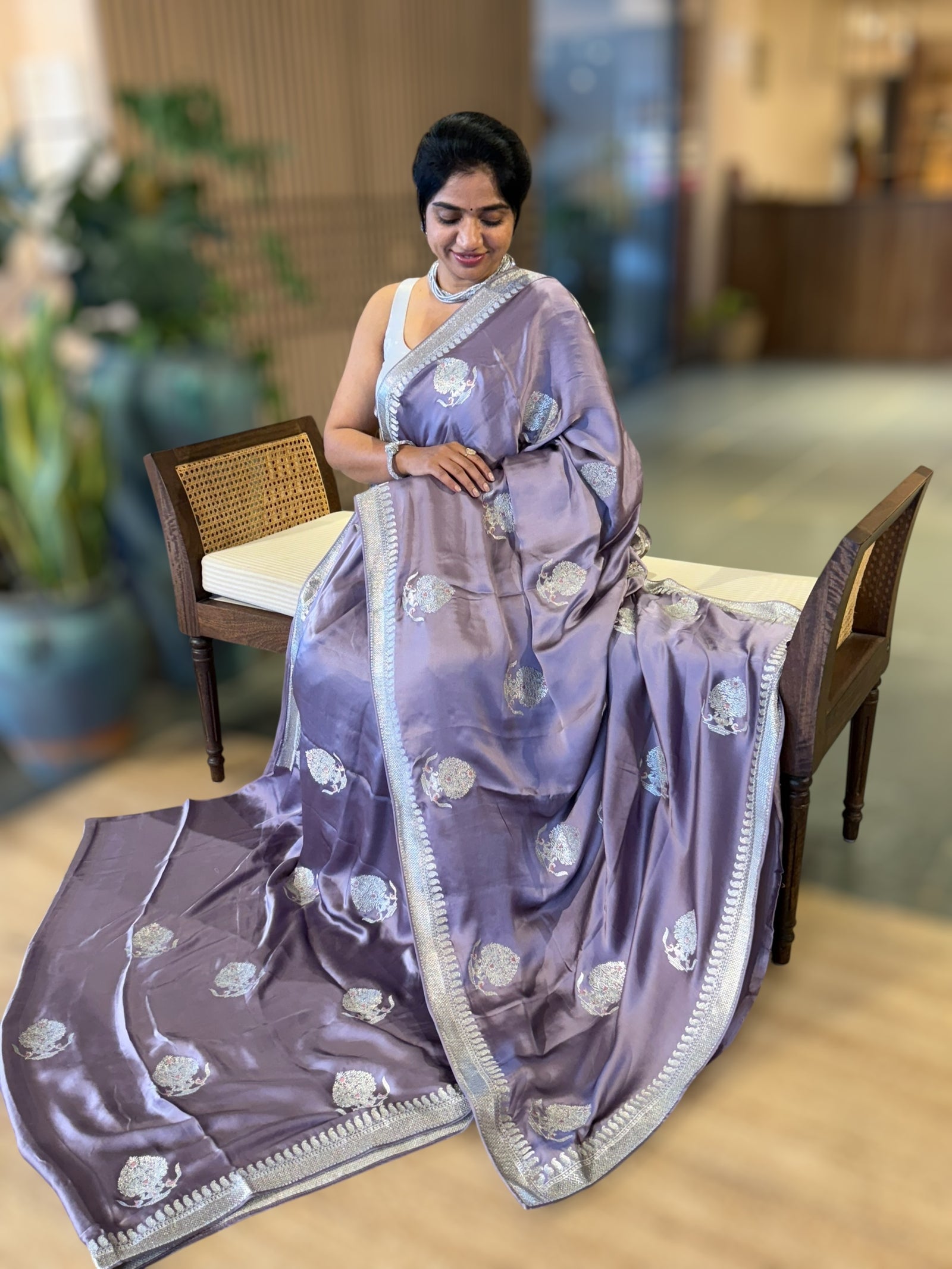 Lilac Satin Saree with Embroidery.