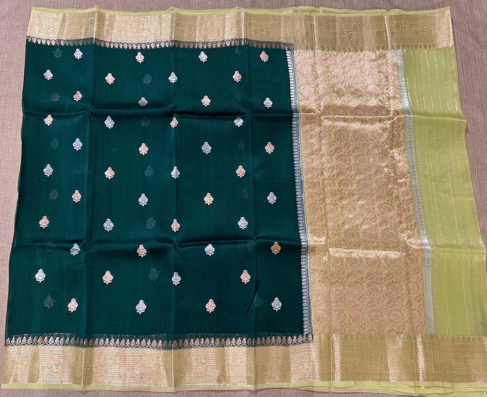 Bottle Green & apple green Combo Pure Handloom premium Kora Banarasi Saree