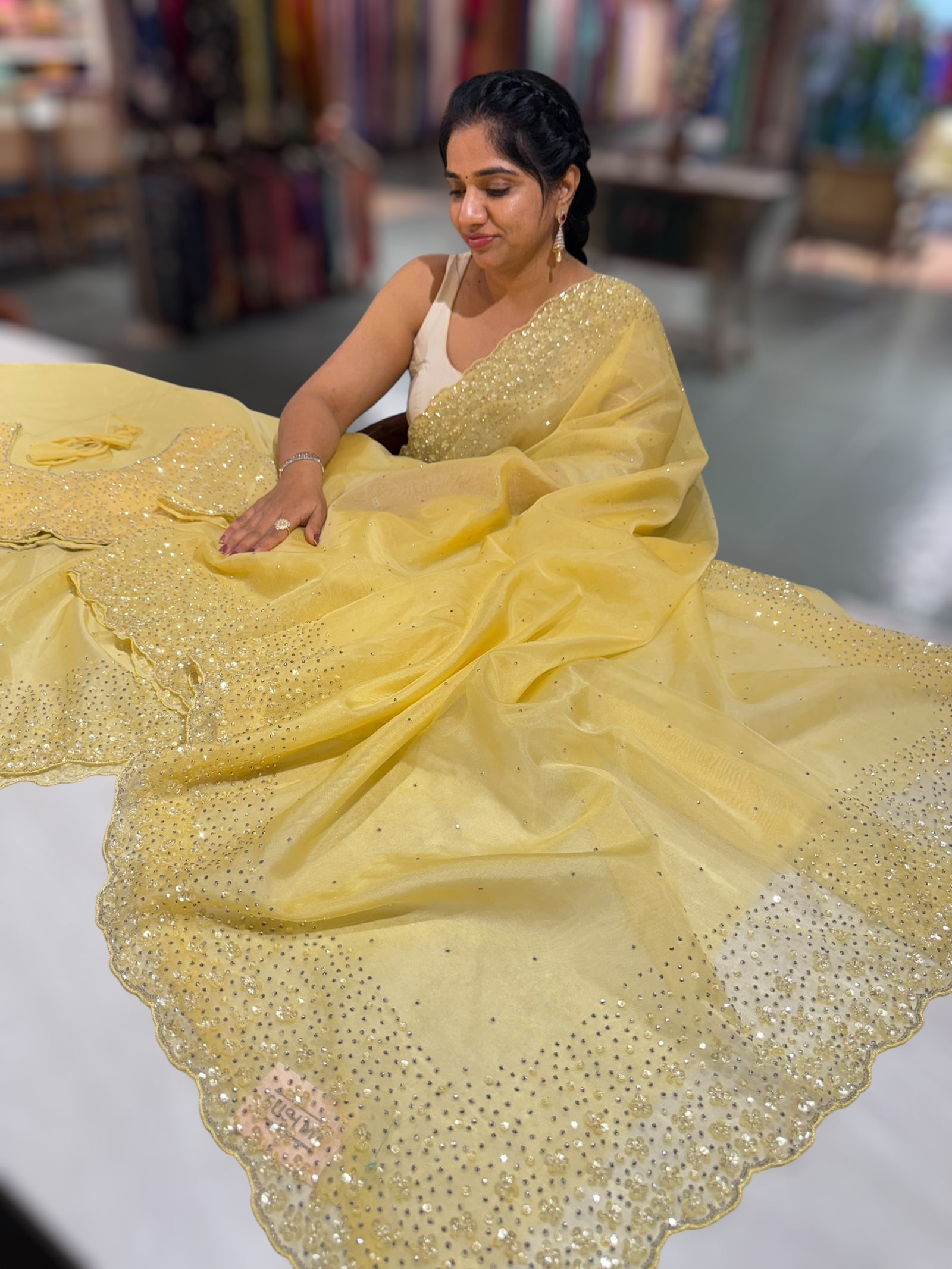 Pastel yellow Organza handwork saree with ready to wear blouse