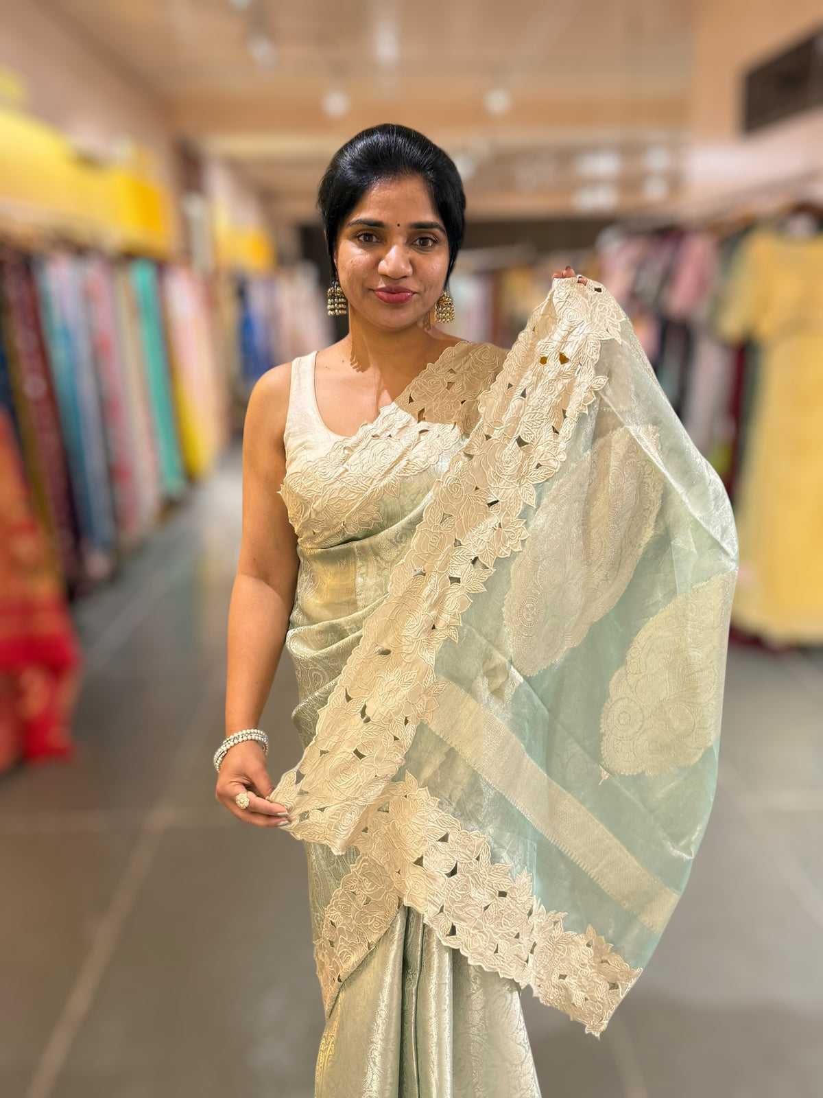 Mint Tissue Brocade weaving Saree with Tissue Cutwork Rose Border