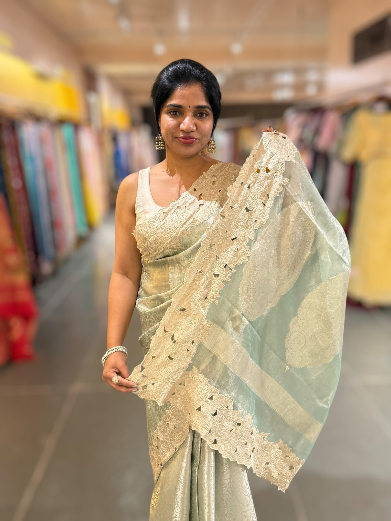 Mint Tissue Brocade weaving Saree with Tissue Cutwork Rose Border