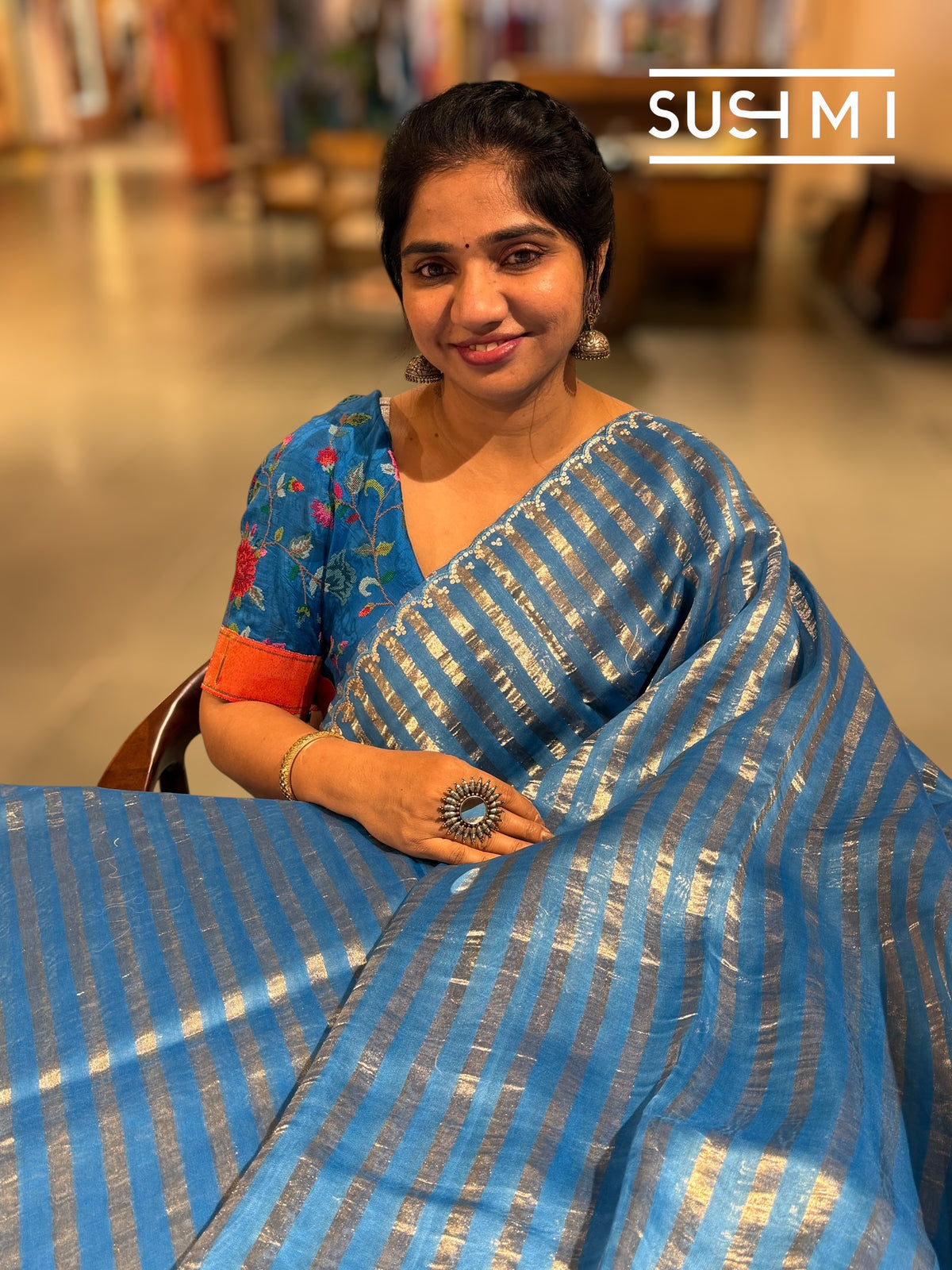 Cobalt Blue Mul tissue stripes saree with fusion blouse : D62137