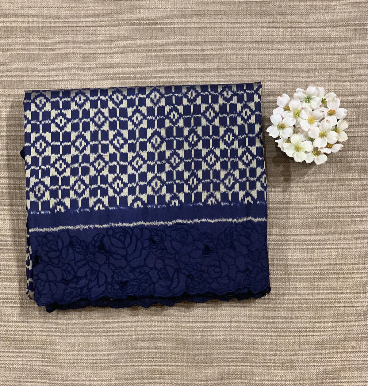 Midnight Blue Cambodian–inspired Ikkat Silk Saree with cutwork Rose Border