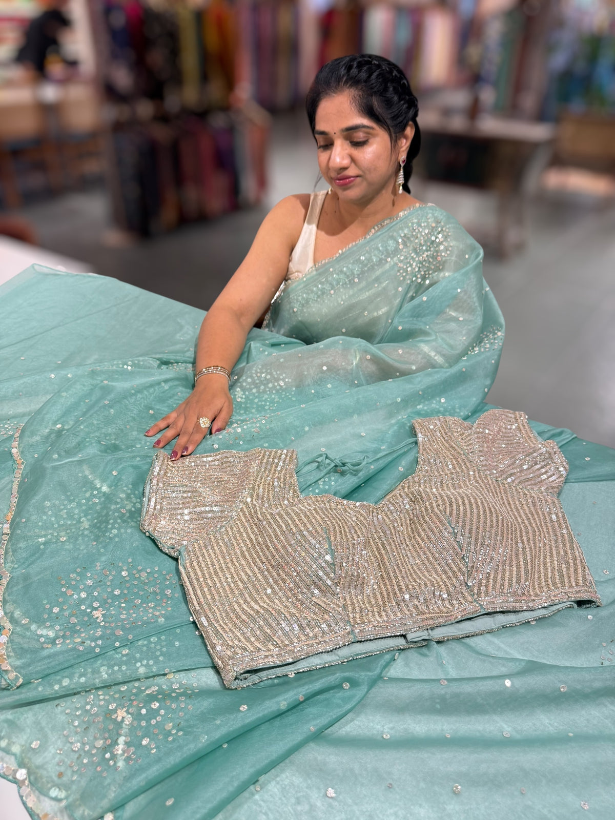 Mint Organza Saree with handwork borders and allover handwork ready to wear blouse