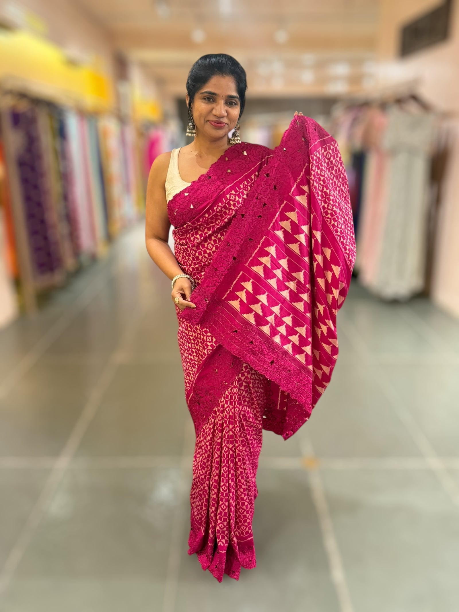 Beetroot Pink Cambodian–inspired Ikkat Silk Saree with cutwork Rose Border