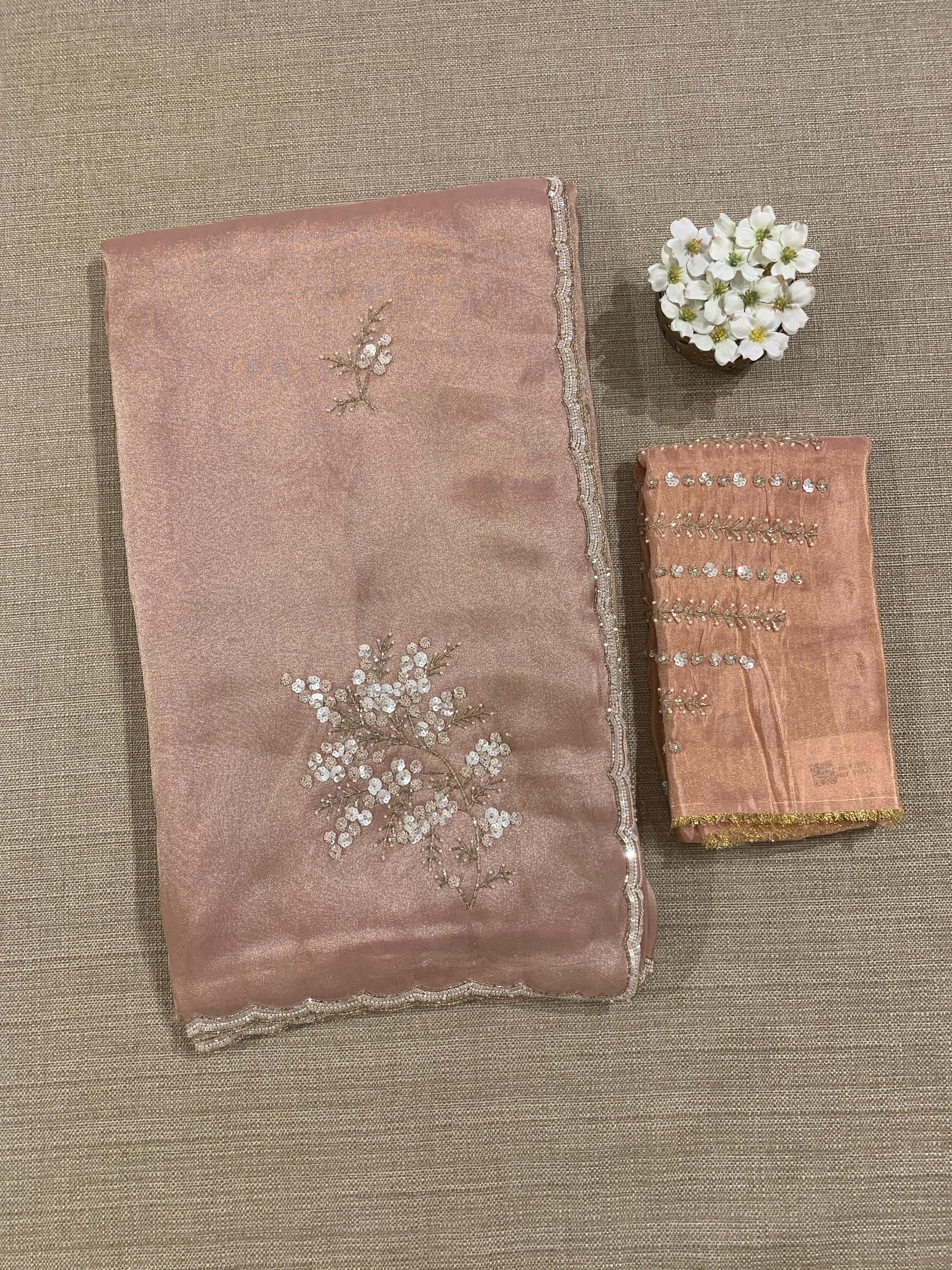 Tissue Gorgette Saree With Handwork Border and Blouse.