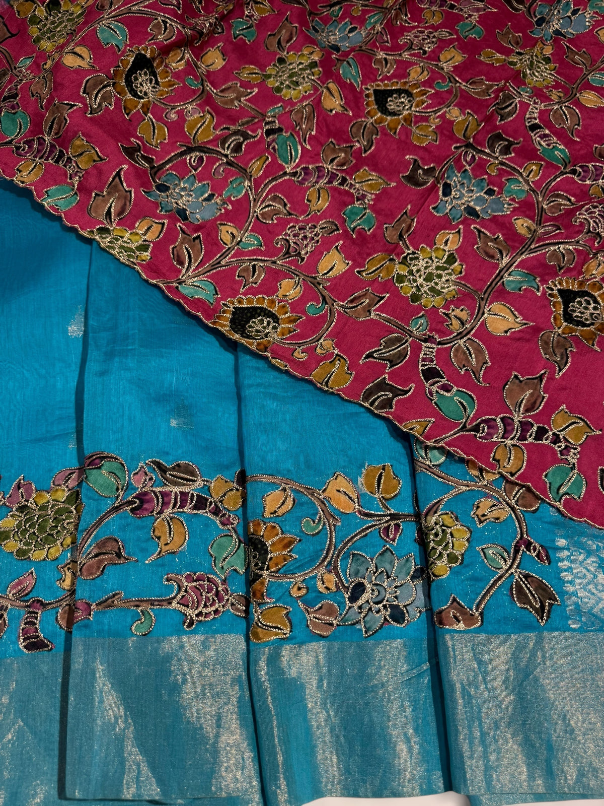 Copper sulphate chanderi silk saree with kalamkari applique border