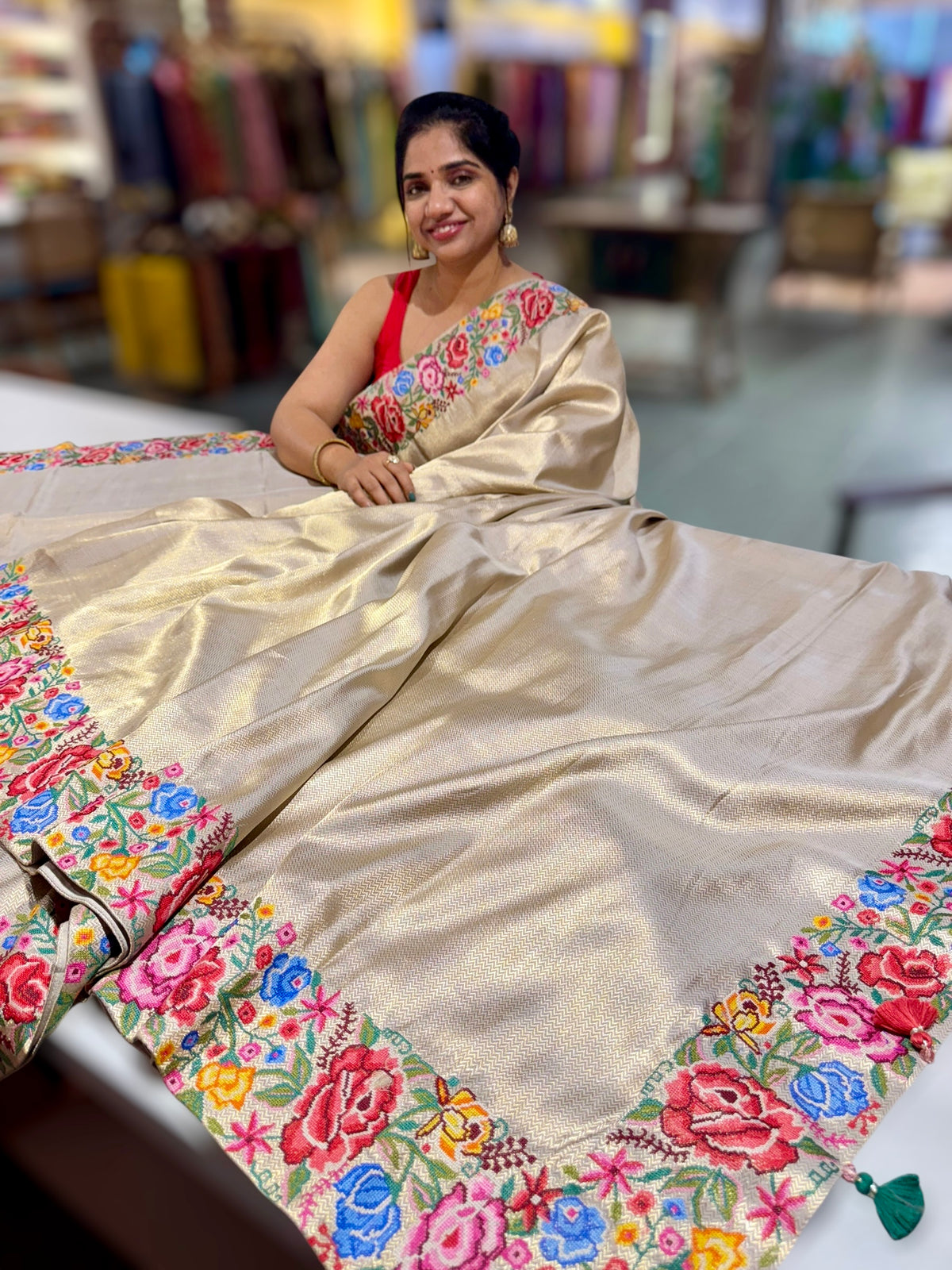 Beigish Taupe Green Kanchi Brocade Tissue Saree with Petite Point Embroidered Border