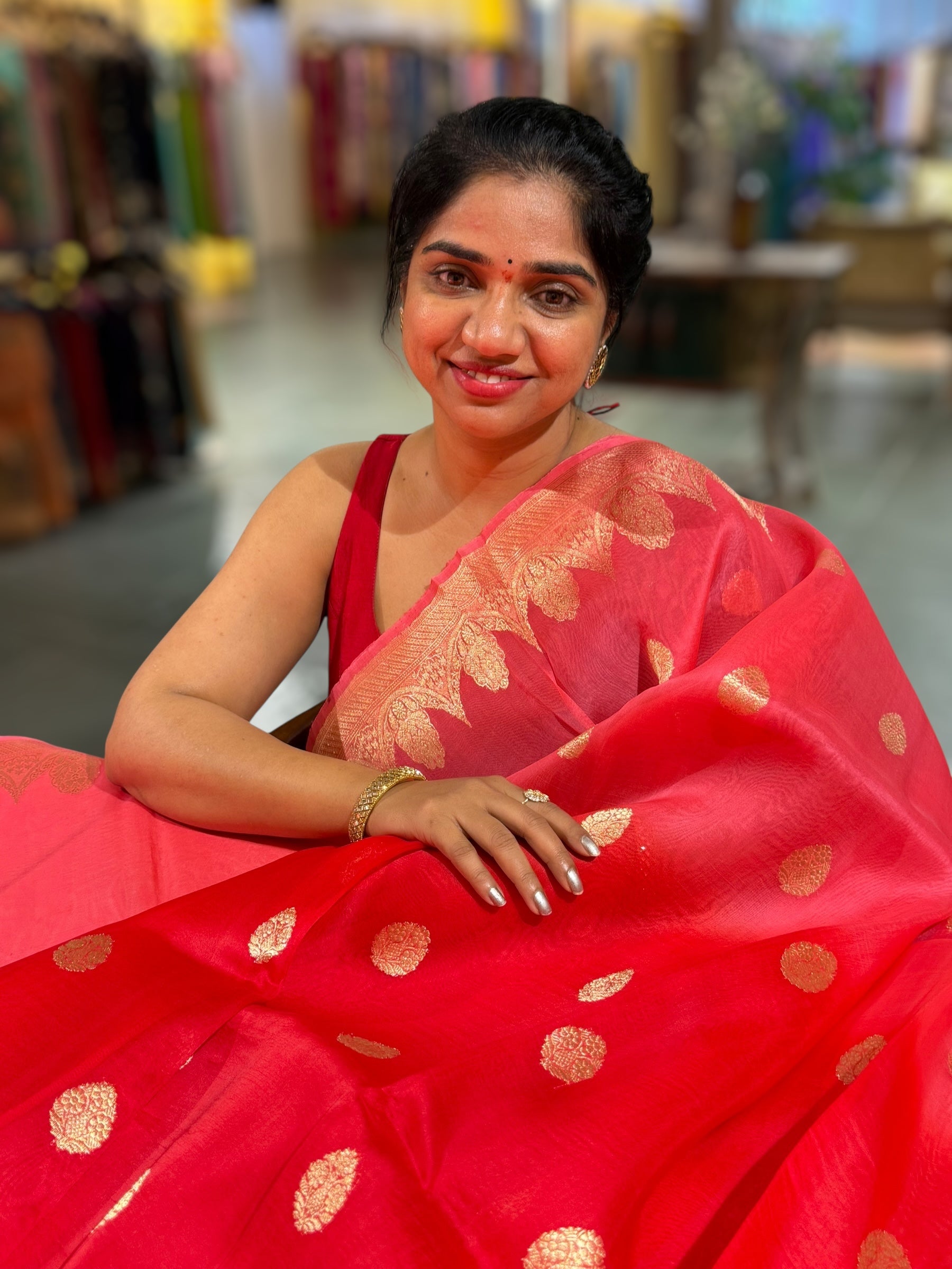 Peach and Red Shaded Premium Kora Banarasi Saree with Open Borders