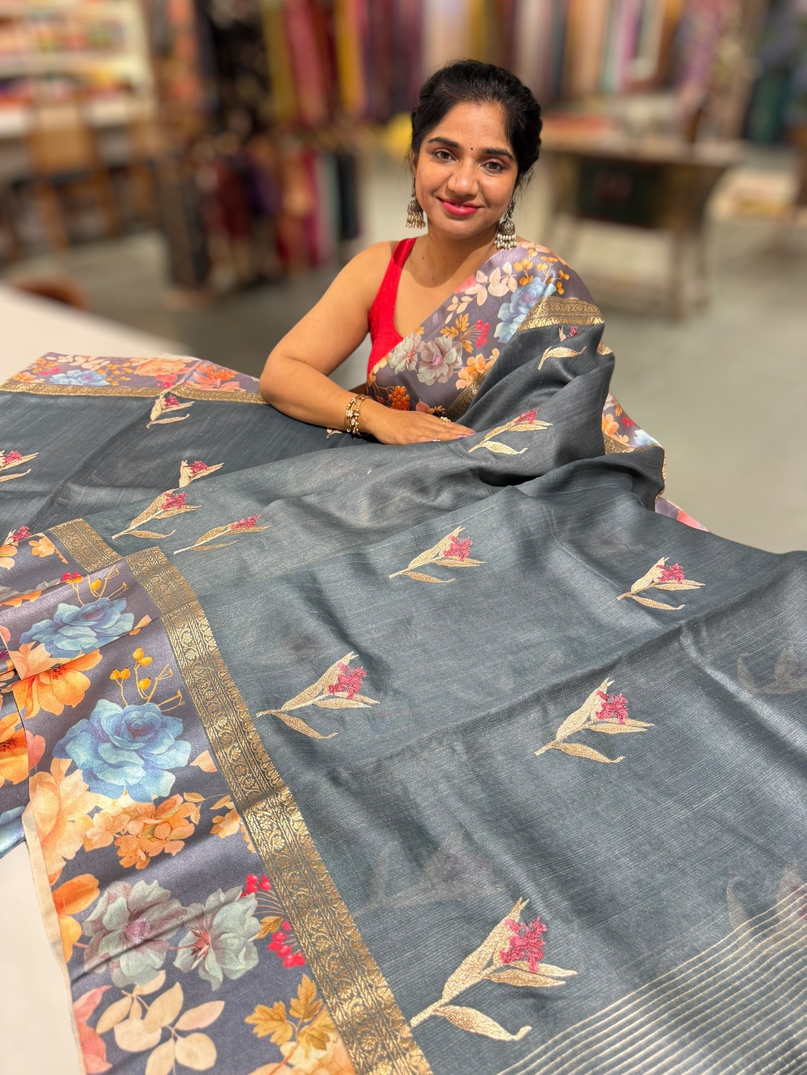 Elephant Grey Tussar Dhupion Saree with Floral printed mashru borders