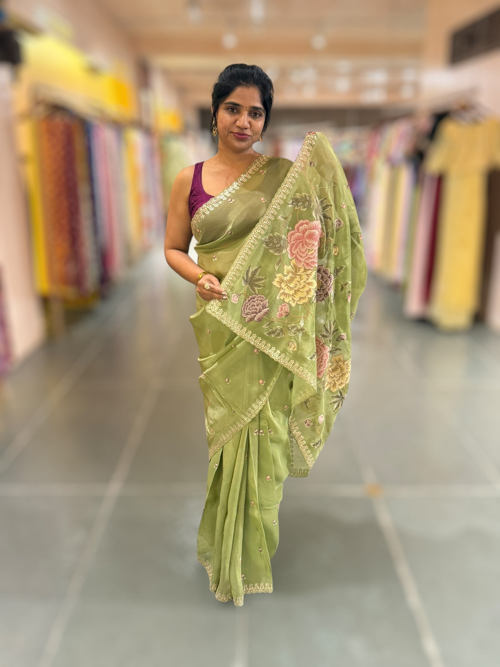 Light Olive Green Tissue Georgette Saree with petite point emb