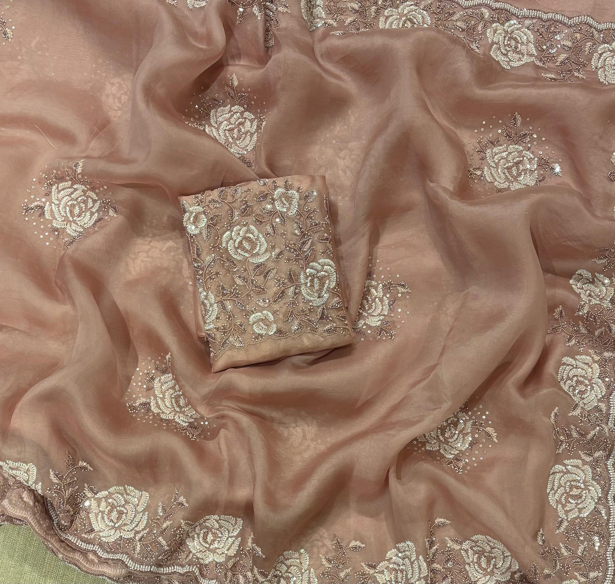 Nude Pink Organza with Rose handwork