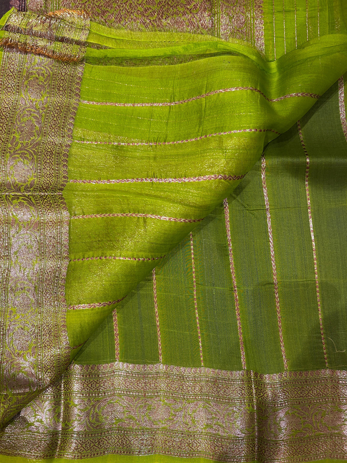 Coffee Brown & parrot Green combo Pure Handloom premium Kora Banarasi Saree