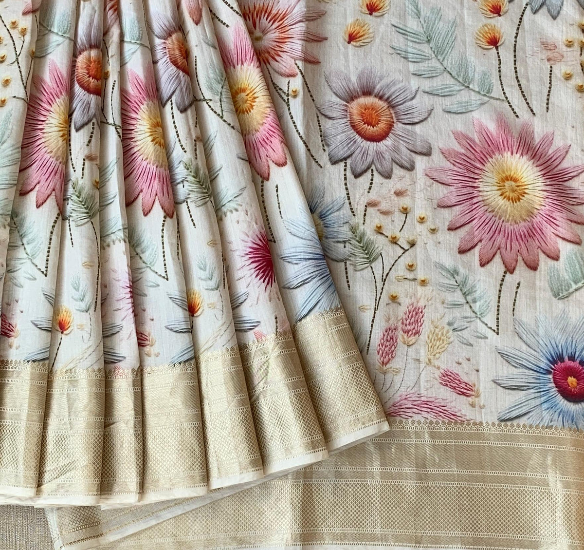 Ivory Pure Handloom Chiniya Silk Saree with stunning Floral Print and zari borders