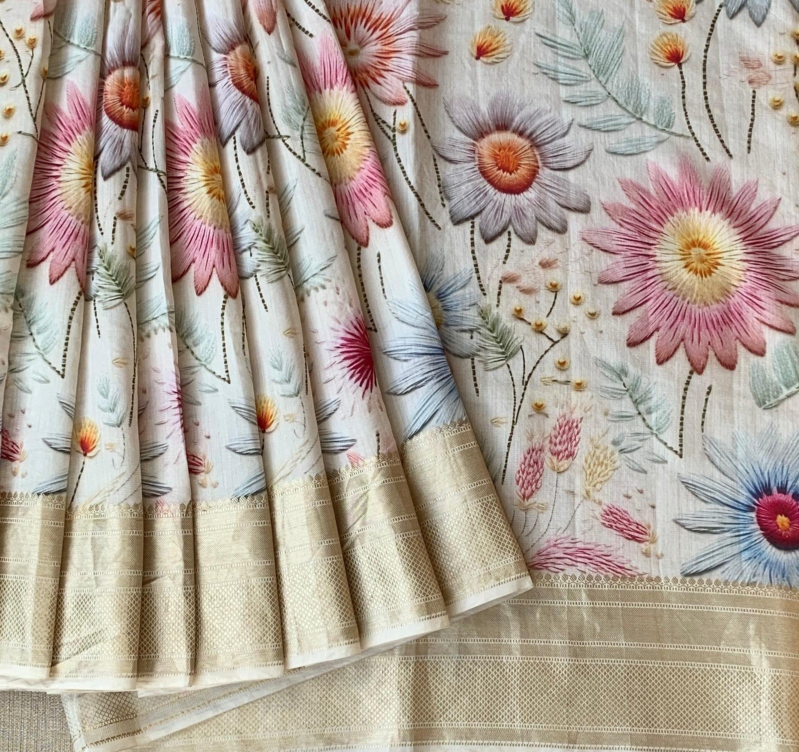 Ivory Pure Handloom Chiniya Silk Saree with stunning Floral Print and zari borders