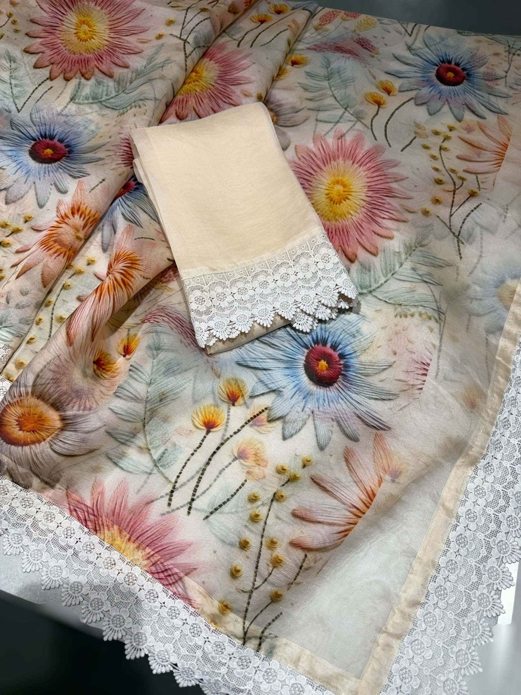 Ivory Organza 3D floral Printed Saree hemlined with crotia lace