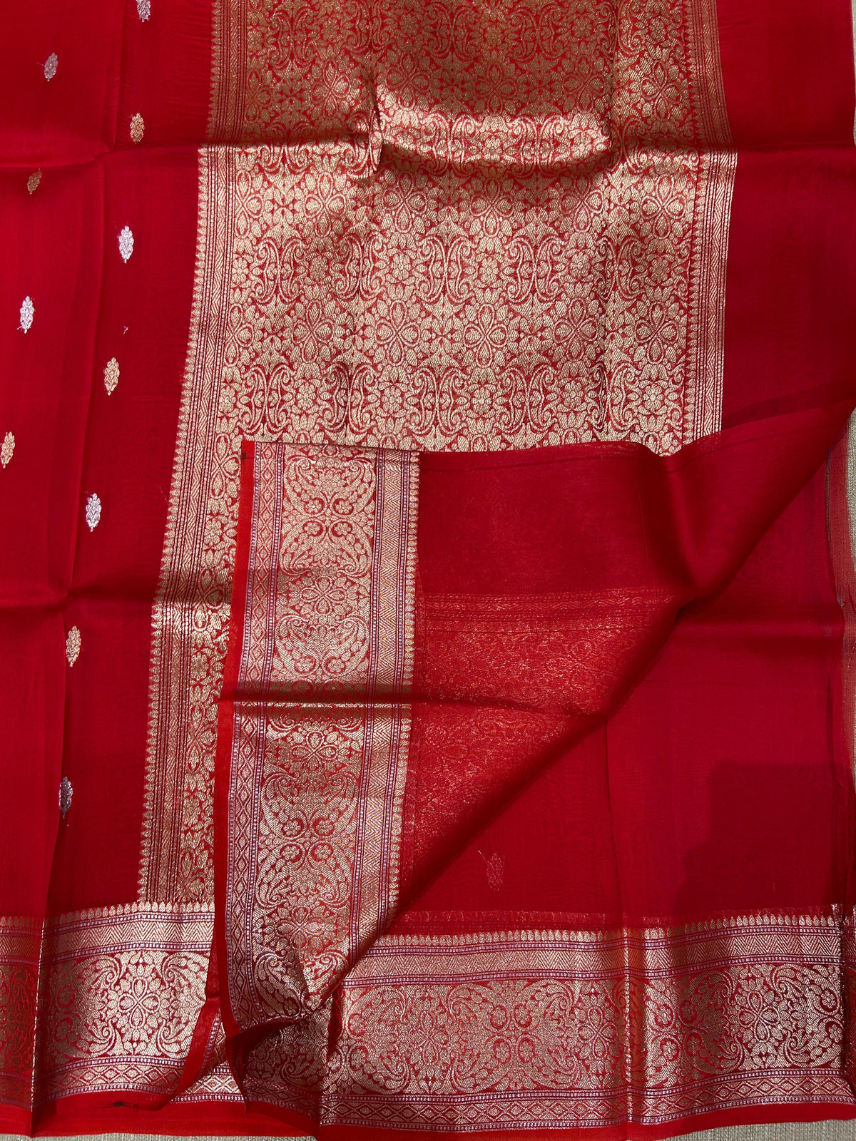 Red monotone Pure Handloom premium Kora Banarasi Saree