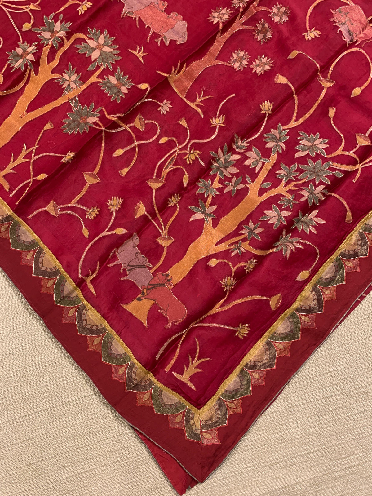 Dark Red Designer Organza Saree with Stunning Tissue Applique work Saree with Village theme