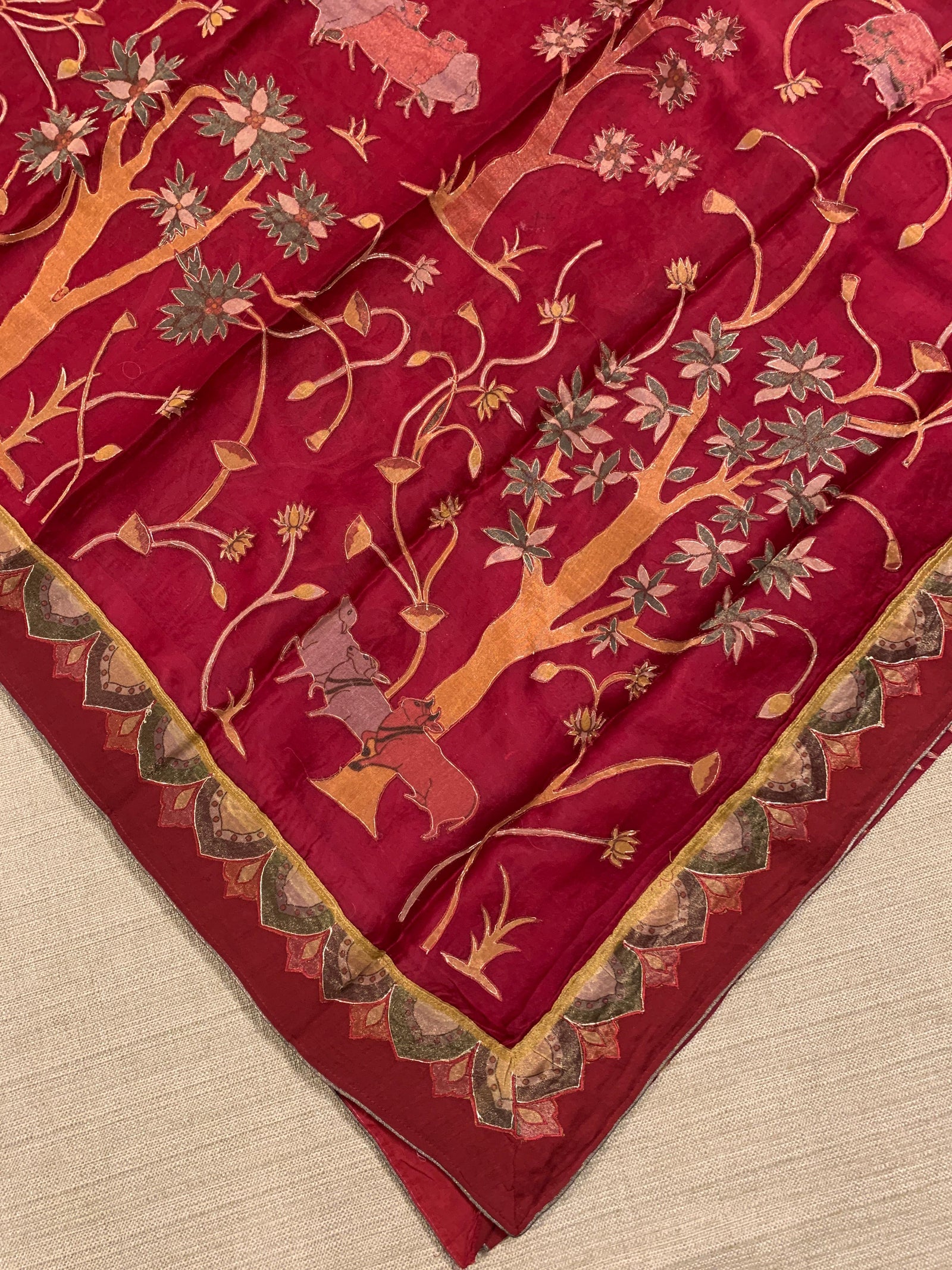 Dark Red Designer Organza Saree with Stunning Tissue Applique work Saree with Village theme