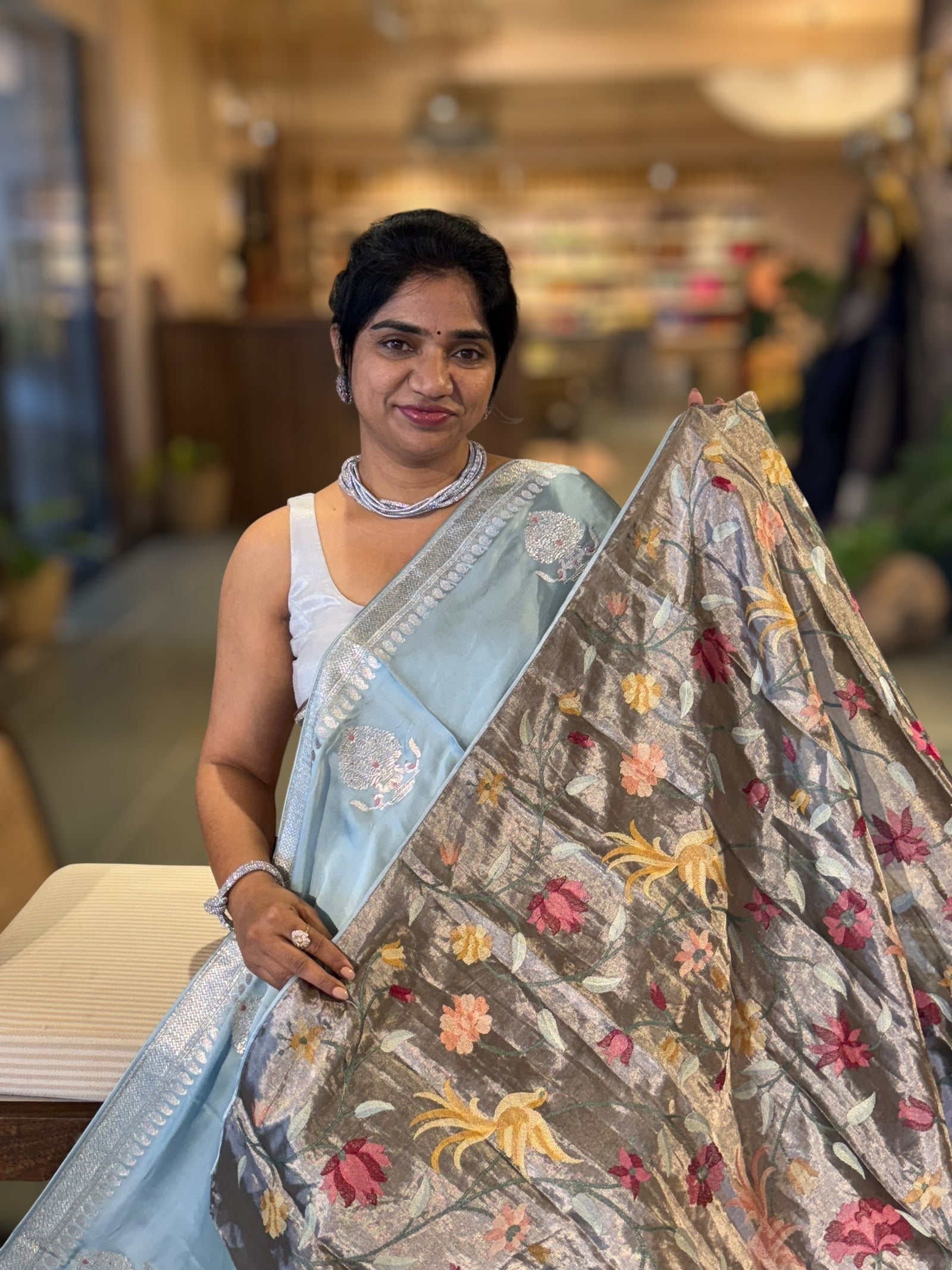 Powder Blue Satin Saree with Embroidery.
