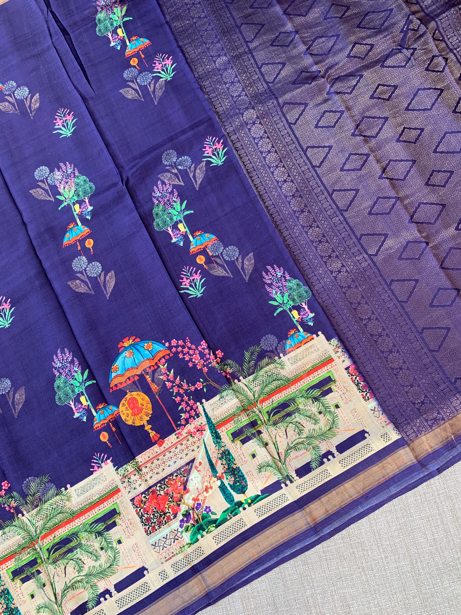 Brinjal Kanchi Soft Silk with beautiful Floral Print