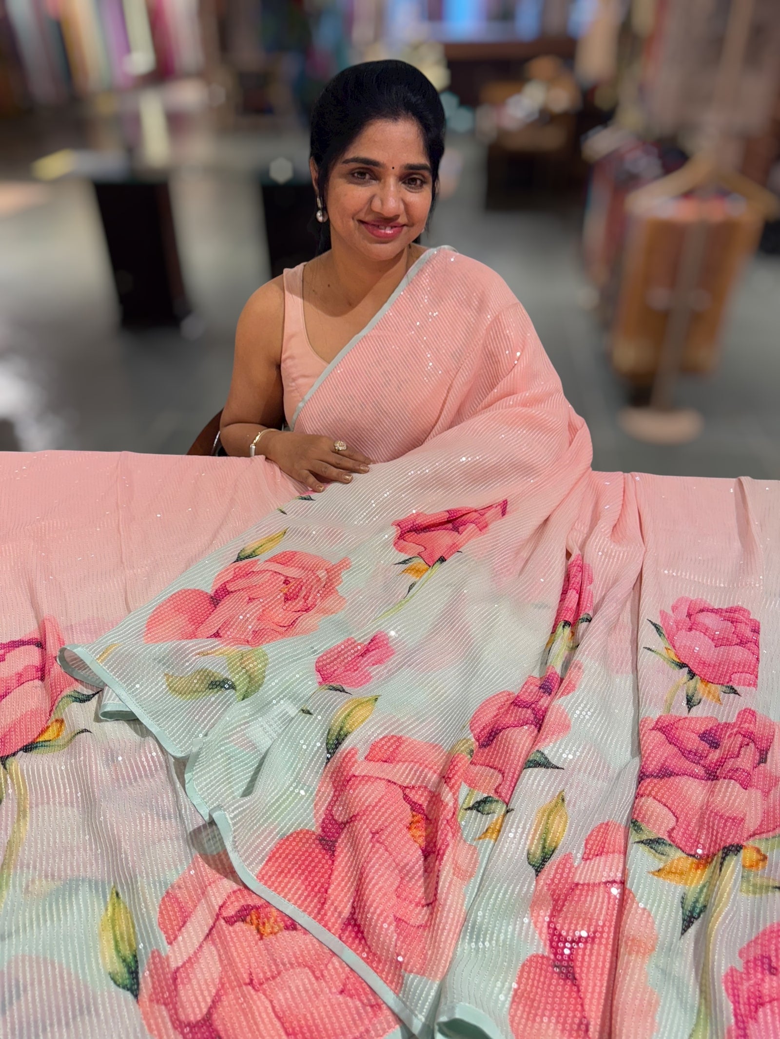 Pink & Blue shaded Georgette sequence Sarees with statement Floral print