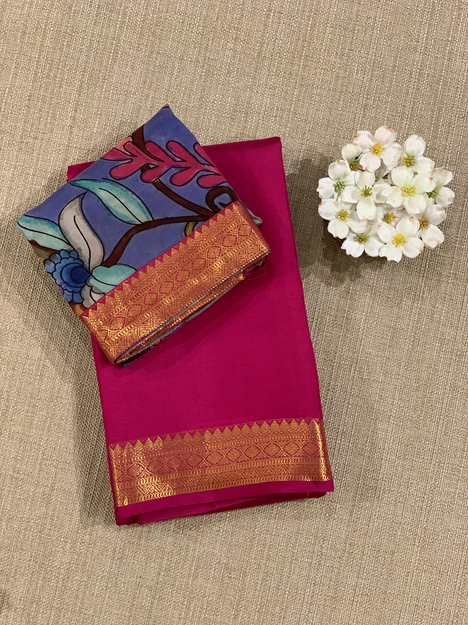 Ruby Pink vintage Kanchipuram silk saree with pen kalamkari blouse