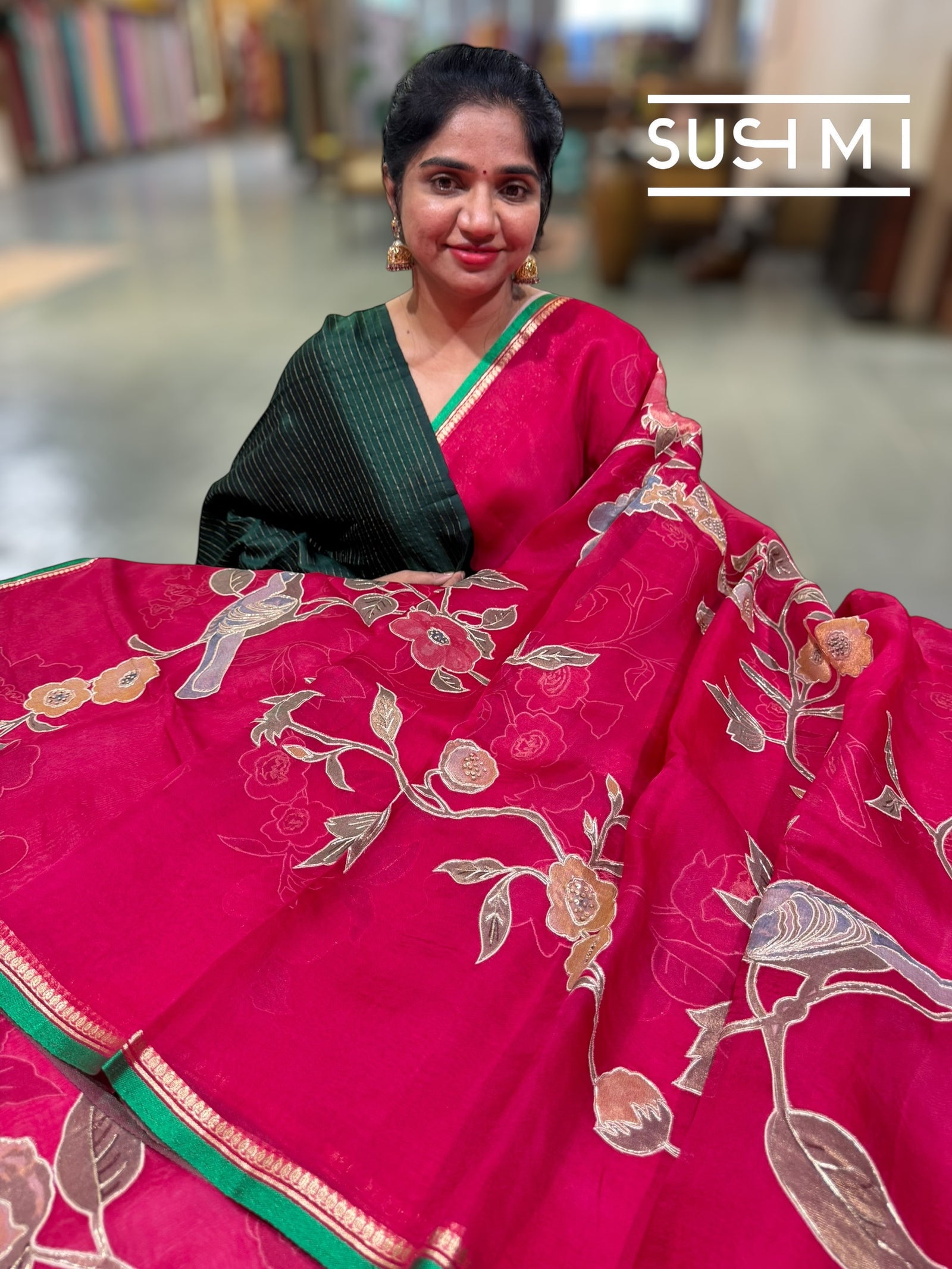 Ruby Pink Designer Organza with Tissue applique work : S62F093