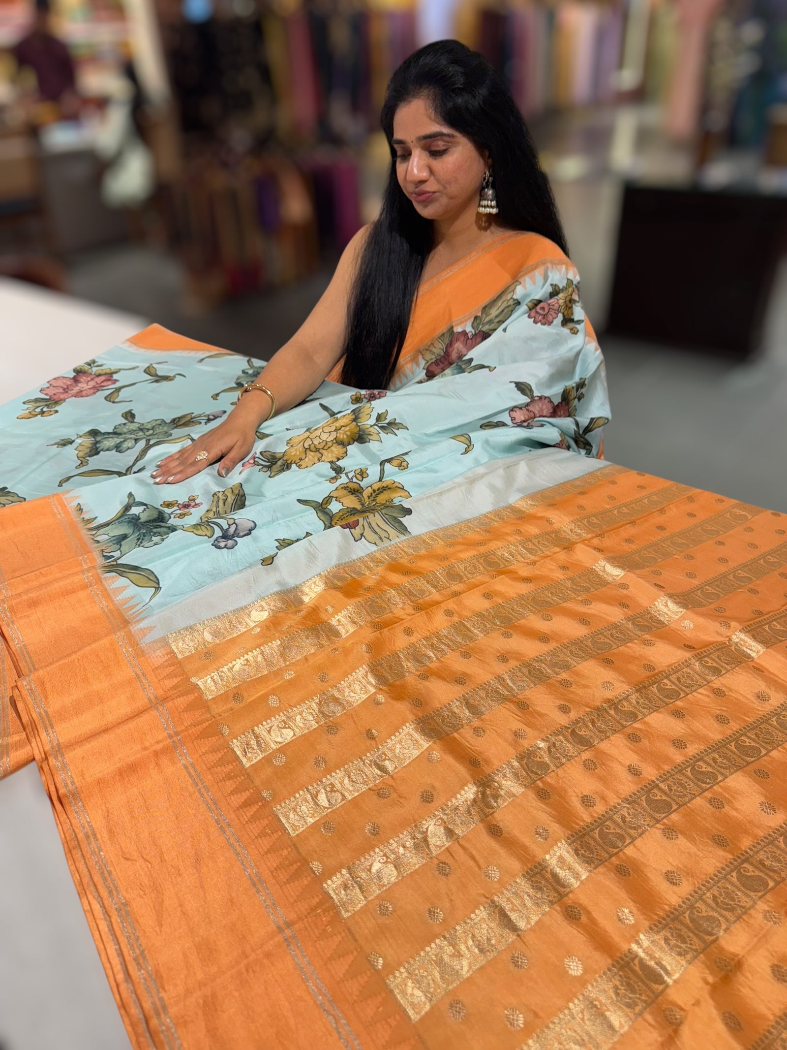 Powder Blue Kanjeevaram Designer print saree