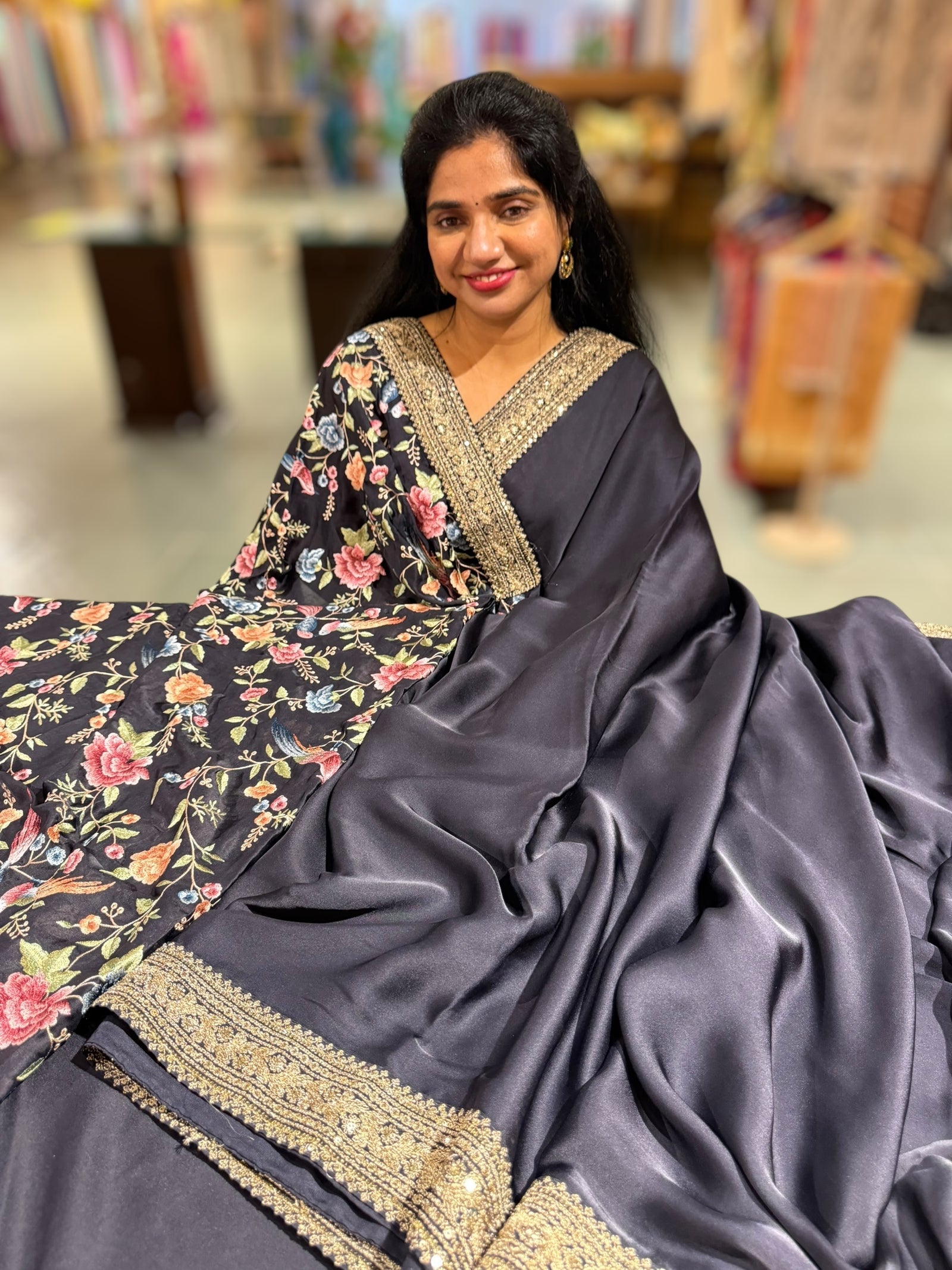 Midnight Blue Pure Satin Saree with Sabhyasachi Borders