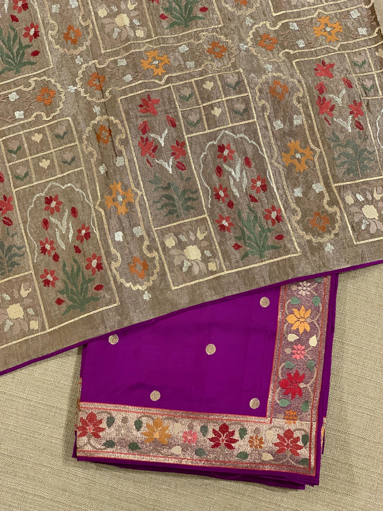 Majenta Kanchi soft silk saree with pythani and jamdani inspired embroidery