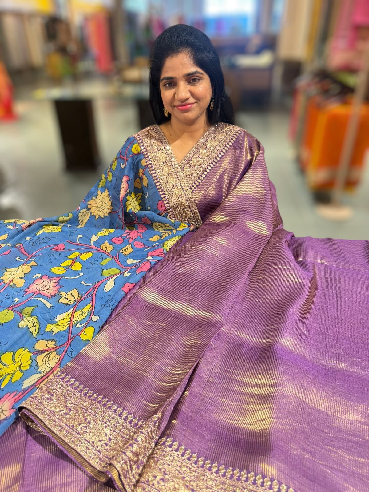 Purple kora Muslin Tissue fusion saree