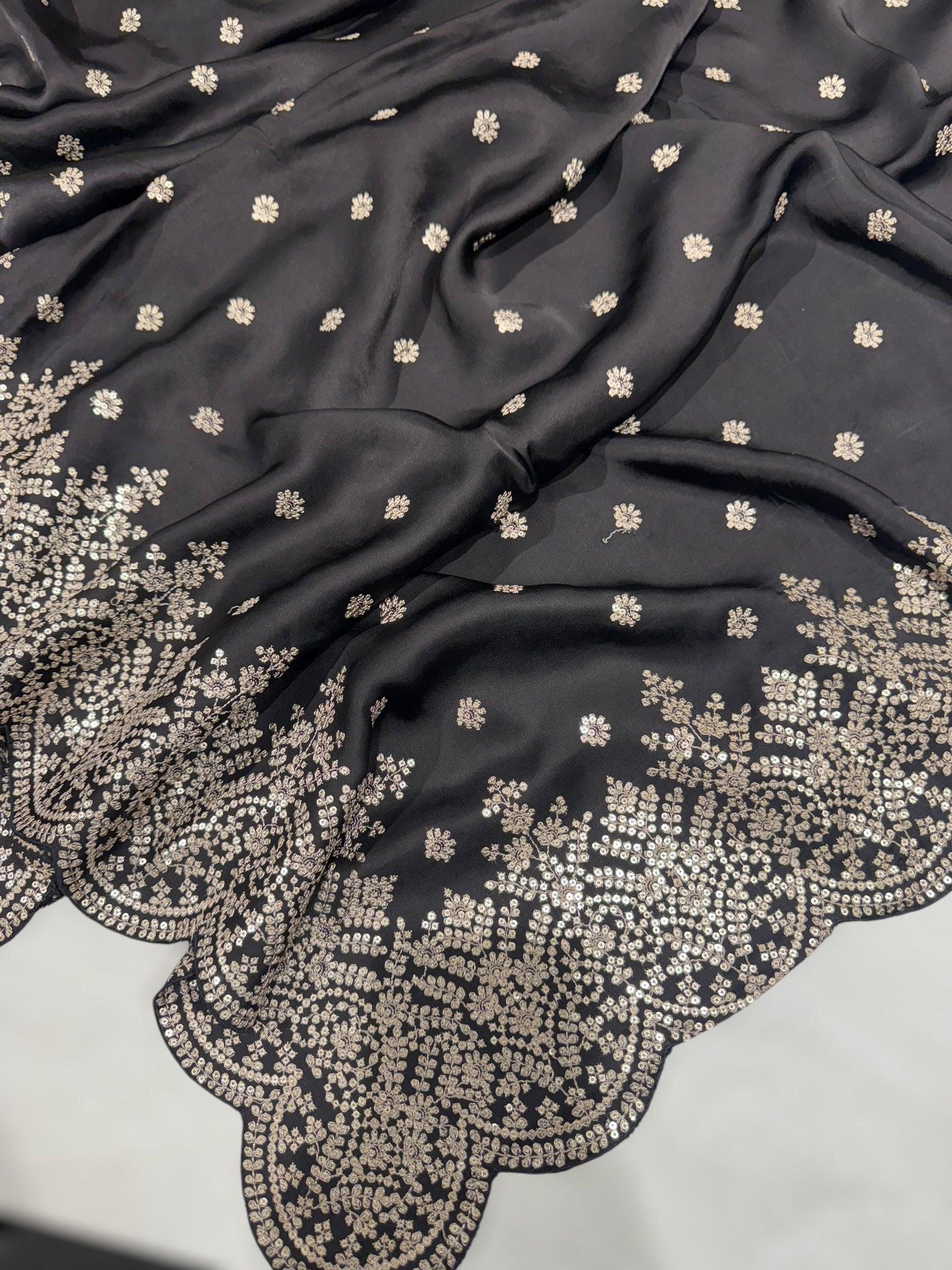 Black Satin Saree with heavy sequnce embroidered scallop Border