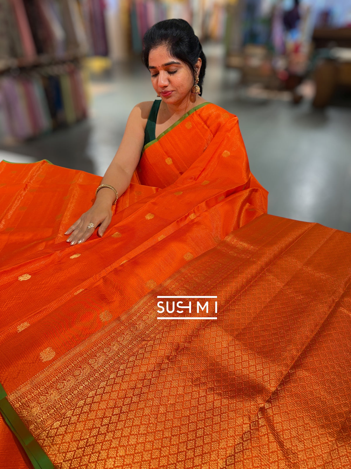 Orange Kanjeevaram Saree with vaira oosi stripes