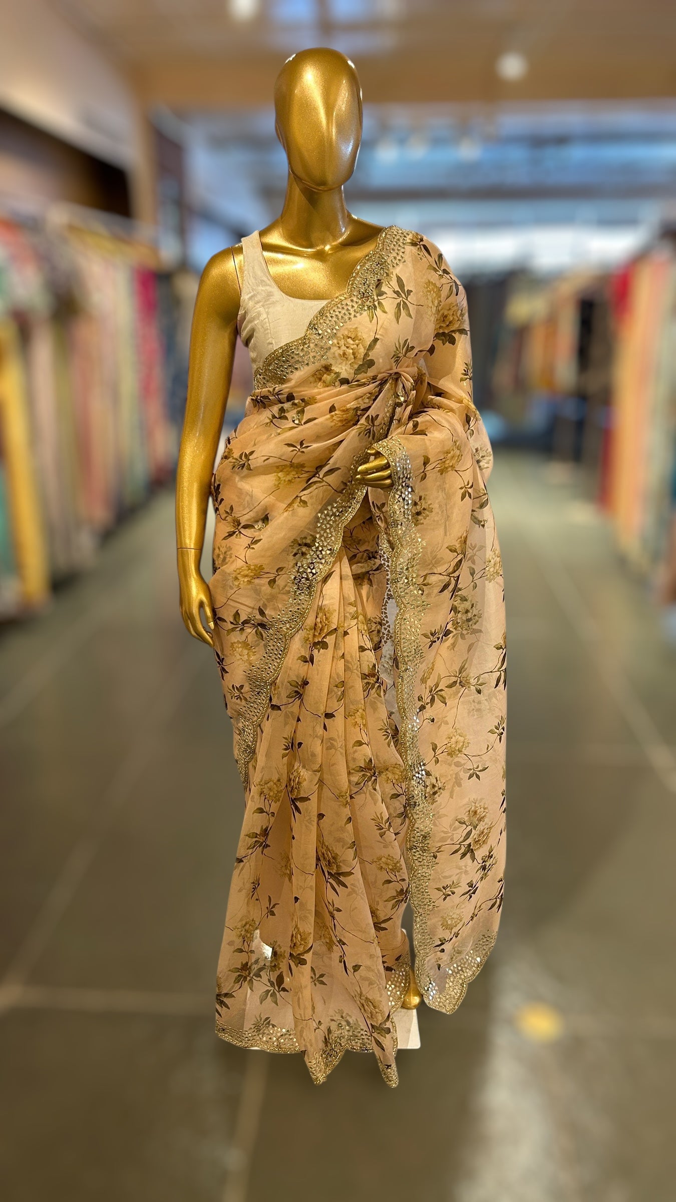 Peach Organza floral Printed Saree with mirrorwork handwork scalloped Border