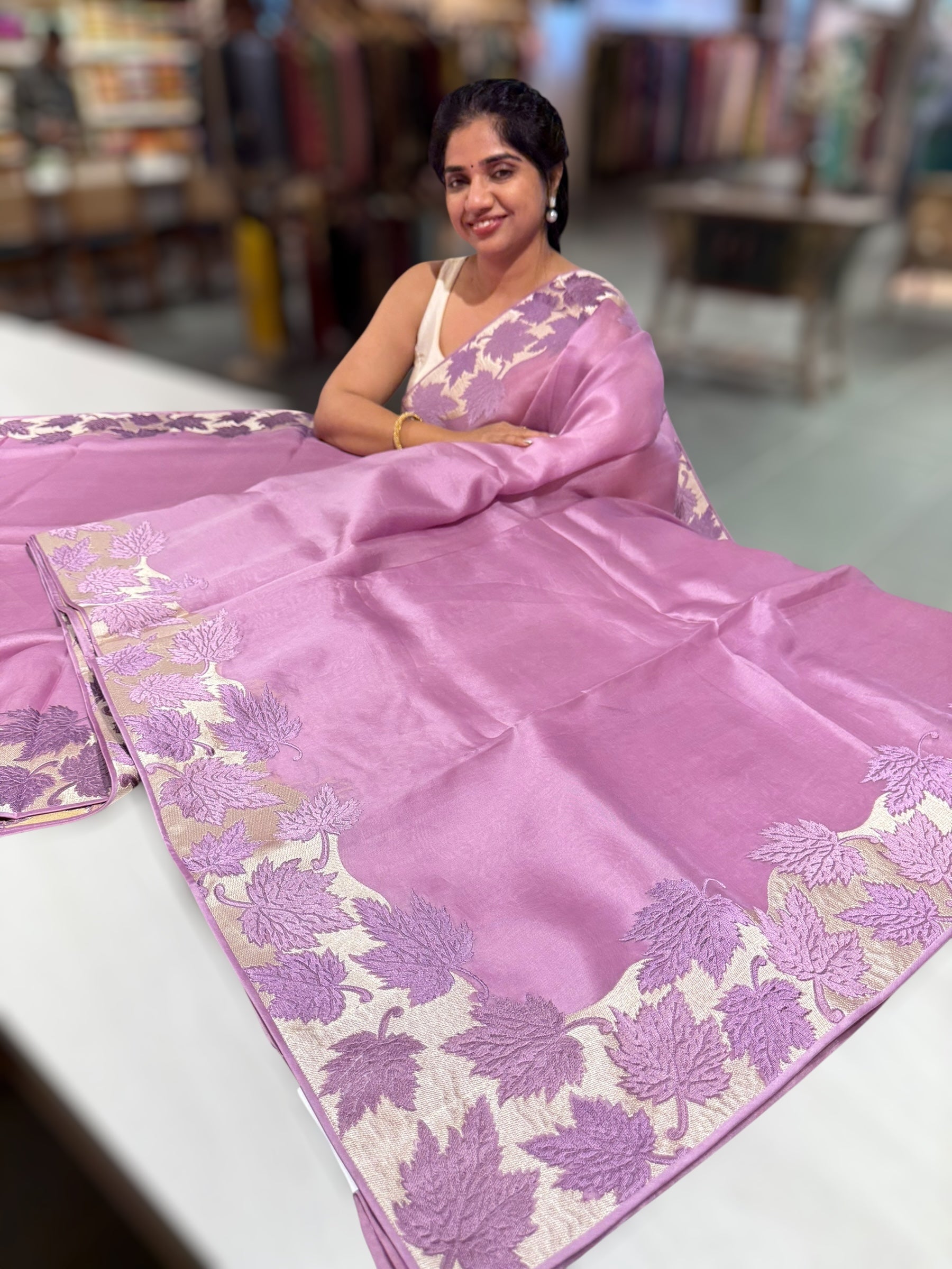 Lilac Organza Saree with Stunning Leaf Embroidered Border