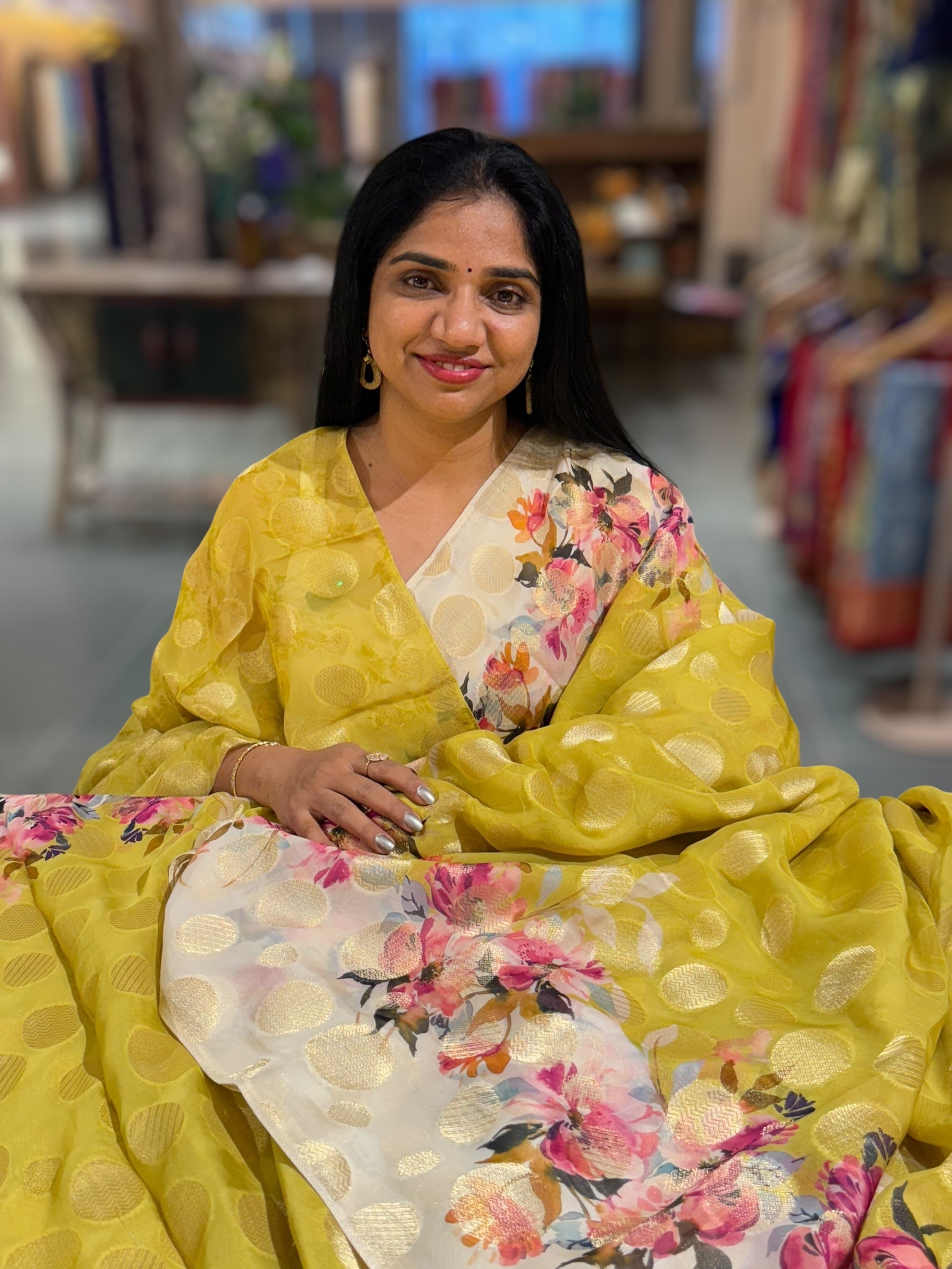 Lemon Green Banarasi Kora Gorgette Polka dot Printed Saree