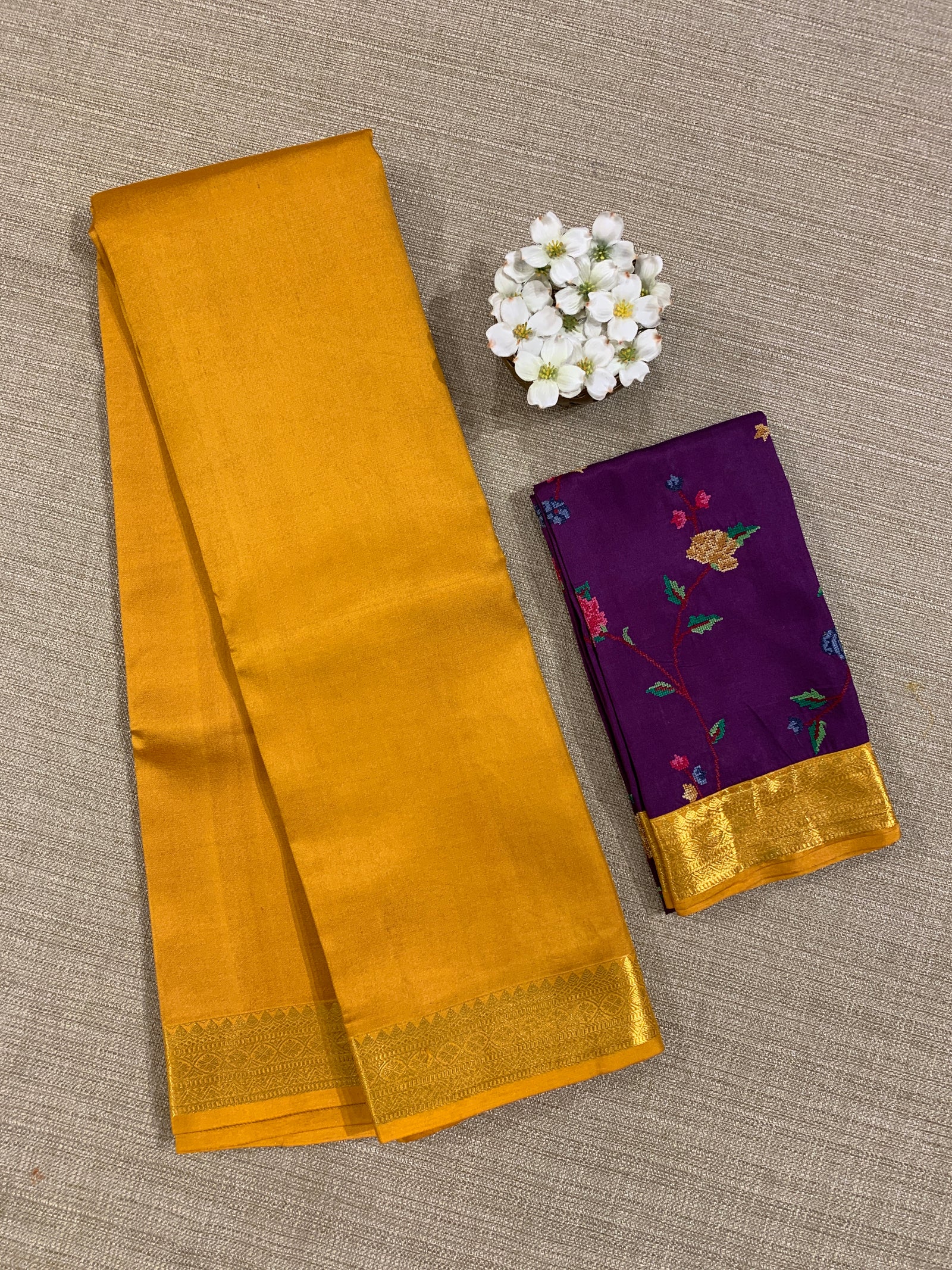 Mustard Kanchi Vintage Saree with Petite Point Embroidered Blouse