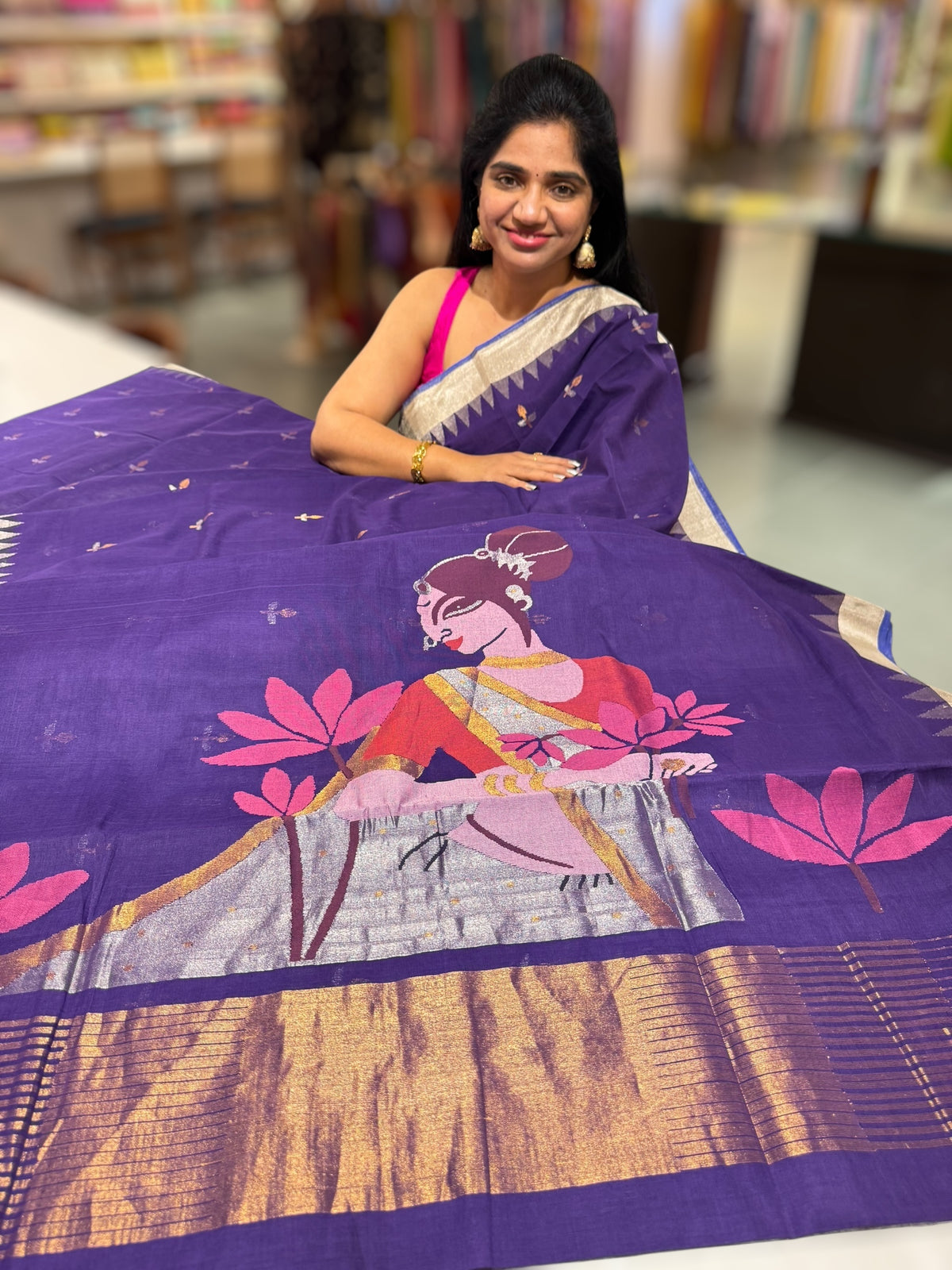 Violet Pure  handloom Ponduru Khadi jamdani Saree with designer pallu