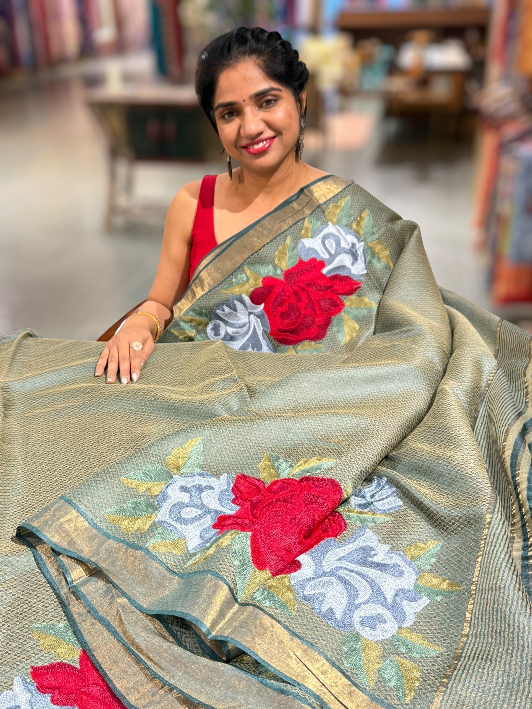 Sage Green Tussar Brocade Saree With Statement Red Rose Embroidery.