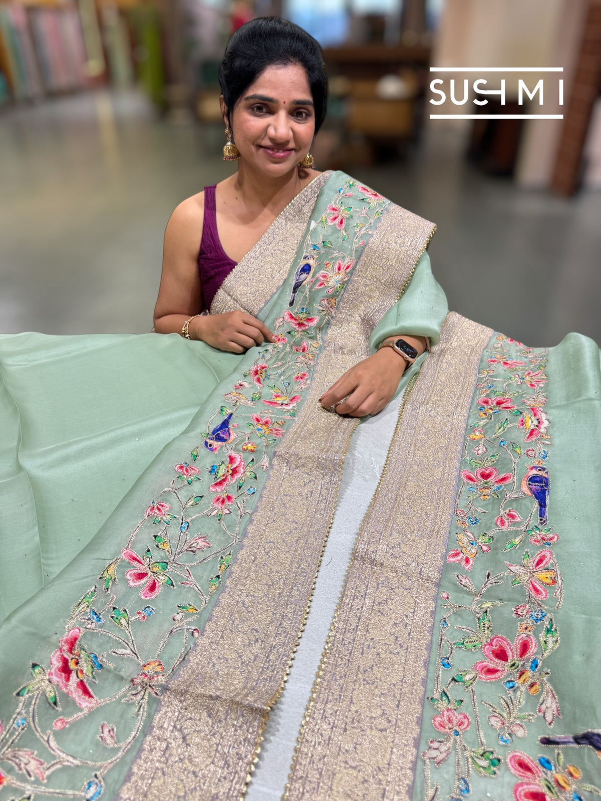 Mint Organza Banarasi Fusion Saree with Bird Appliqué : SM021