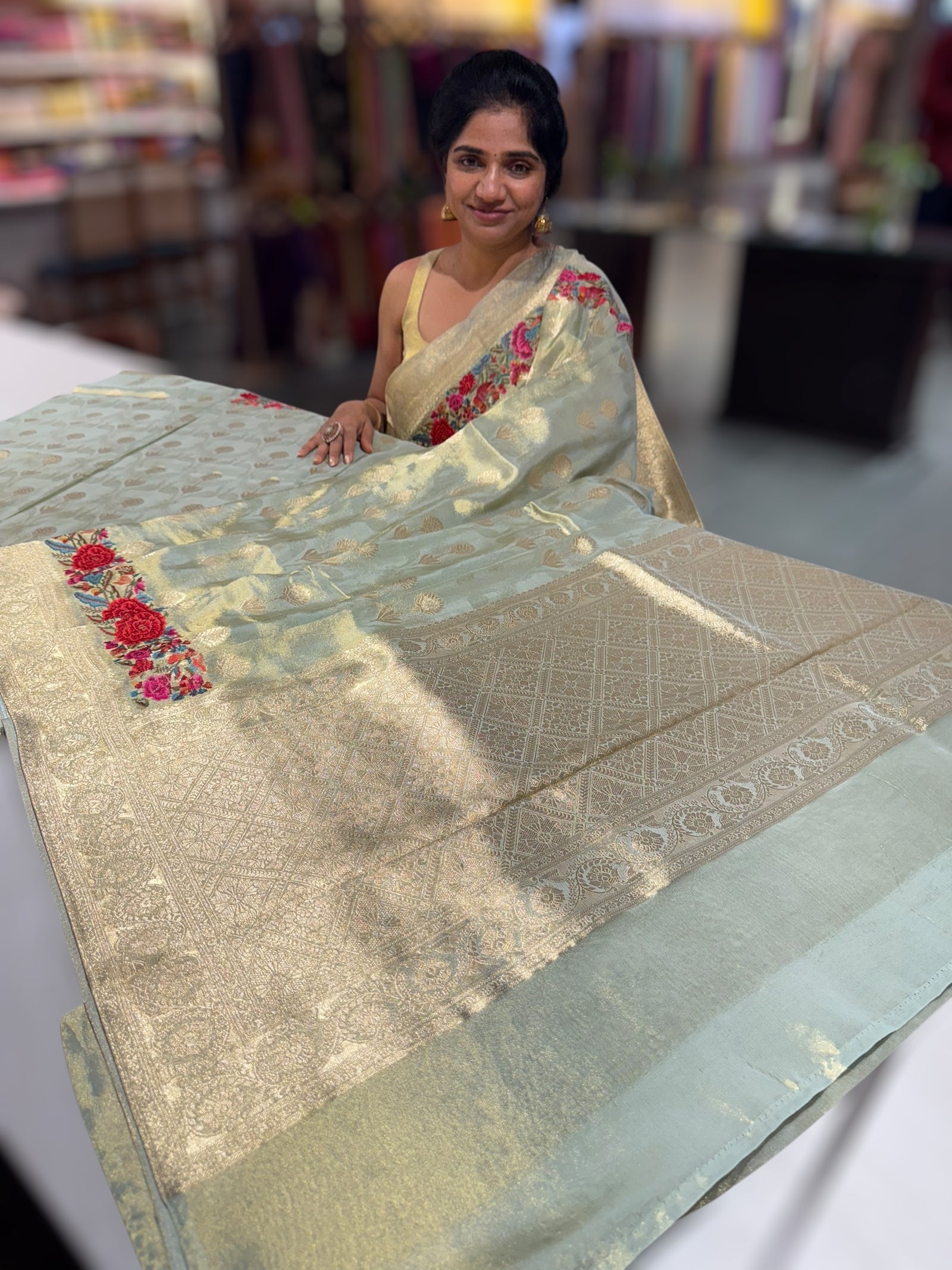 Mint Blue Banarasi Tissue with embroidered border