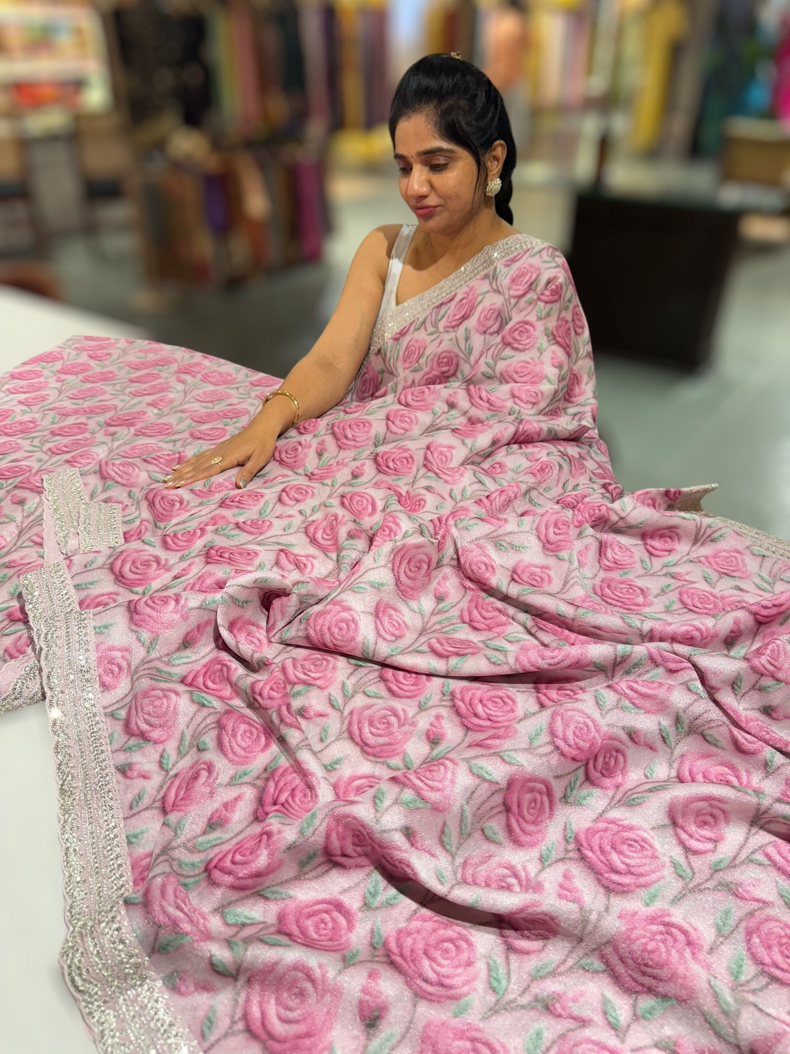 Light Rose Tissue Georgette Saree