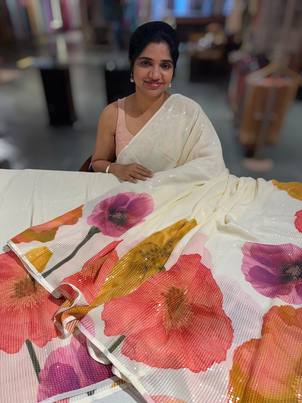 Ivory Georgette sequence Sarees with statement Floral print