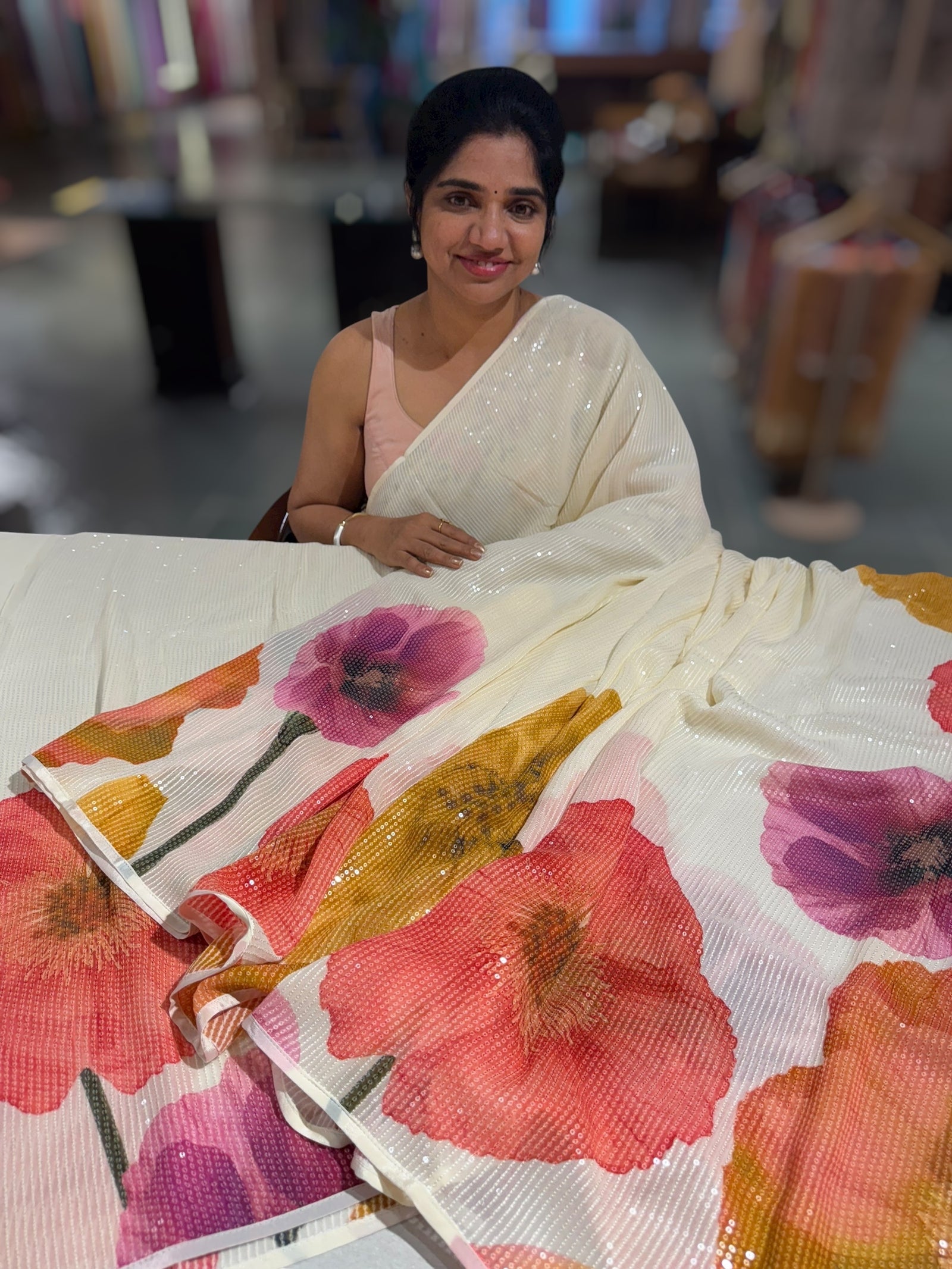 Ivory Georgette sequence Sarees with statement Floral print